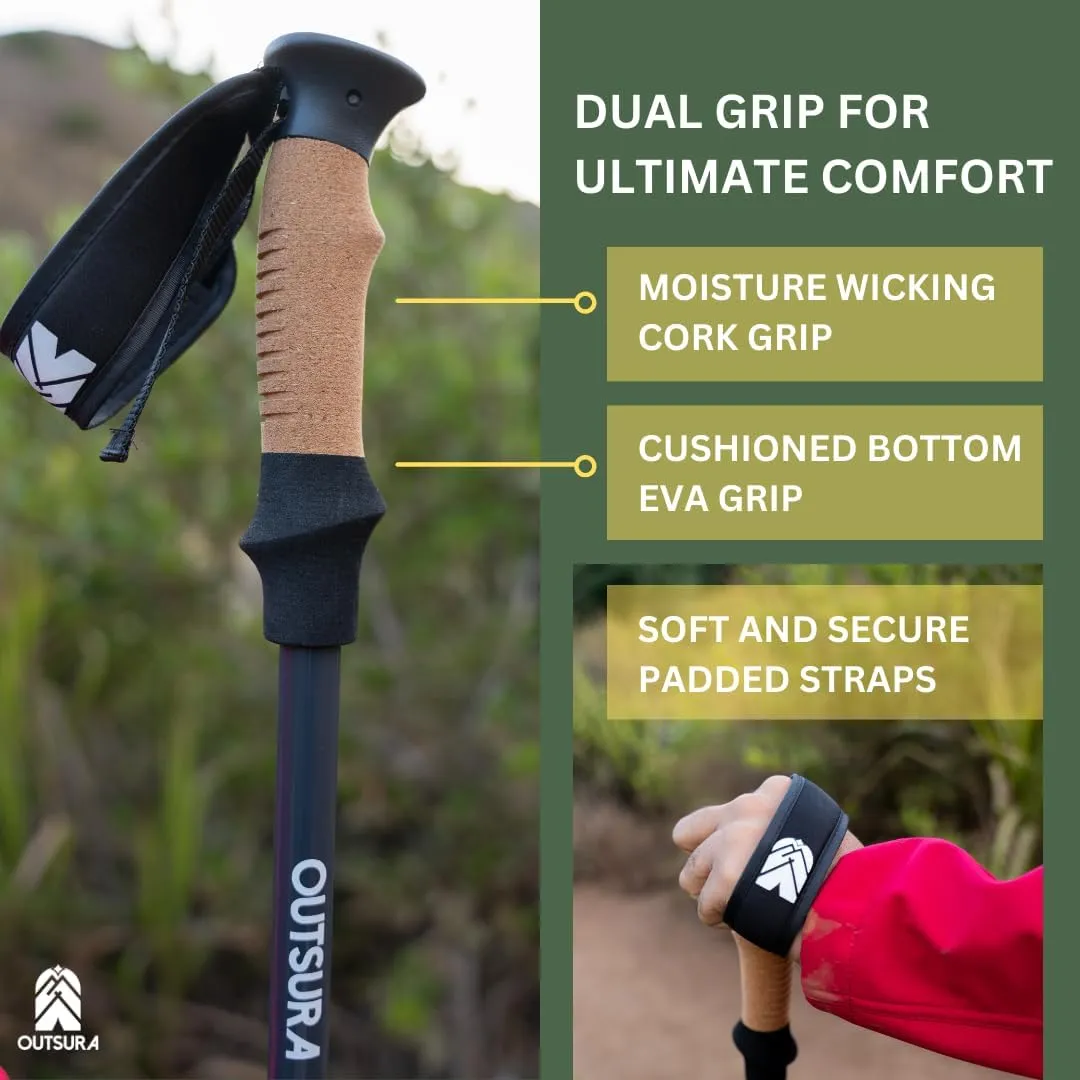 Outsura Carbon Fiber Trekking Poles for Hiking w/Cork Grip & Quick Lock - Hiking Sticks - Lightweight Walking Sticks with All Terrain Accessories - Pair of 2