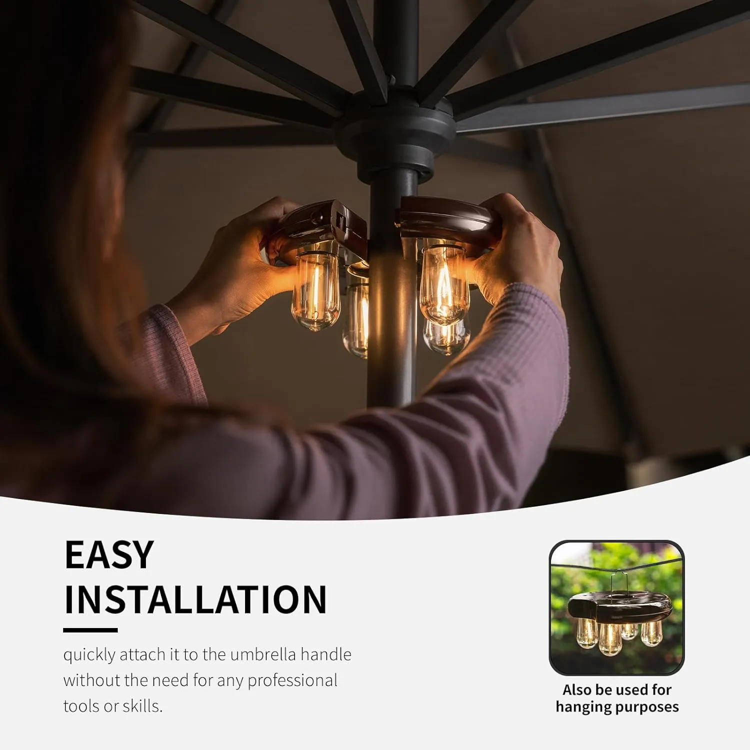 Patio 2 Packs Umbrella Light with LED Edison Bulbs, Battery Operation Cordless-Outdoor Umbrella Pole Lights with 2 Lighting Modes for Garden，Patio, Backyard, Camping or BBQ - Brown