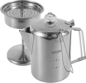 Percolator Coffee Pot Stainless Steel Camping Coffee Pot Outdoor Stovetop Coffee Maker with Clear Top Glass Knob 9 Cups Coffee Percolator for Group Camping Hiking Backpacking Travel, Silver