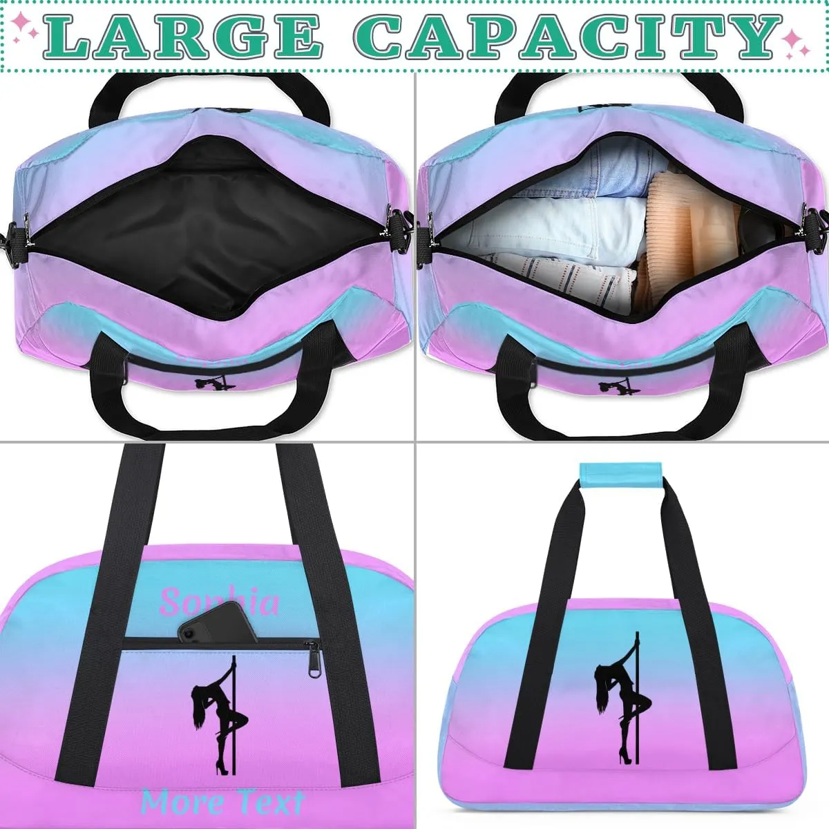 Personalized Kids Duffle Bag for Girls, Custom Sport Gym Bag with Name, Fit School Practice, or Overnight Weekender Travel Pink Pole Dance