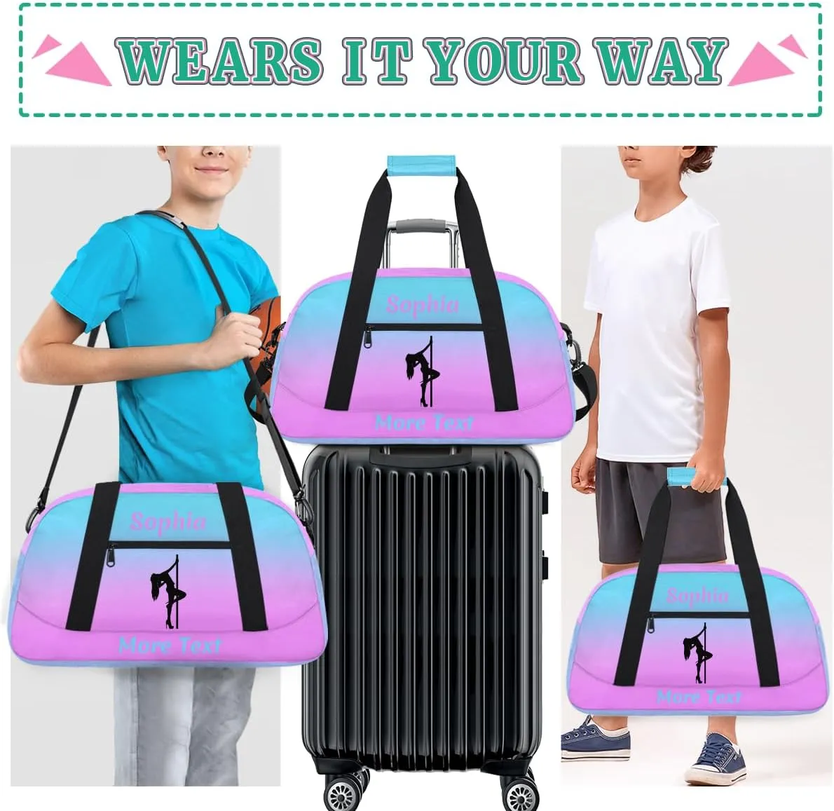 Personalized Kids Duffle Bag for Girls, Custom Sport Gym Bag with Name, Fit School Practice, or Overnight Weekender Travel Pink Pole Dance