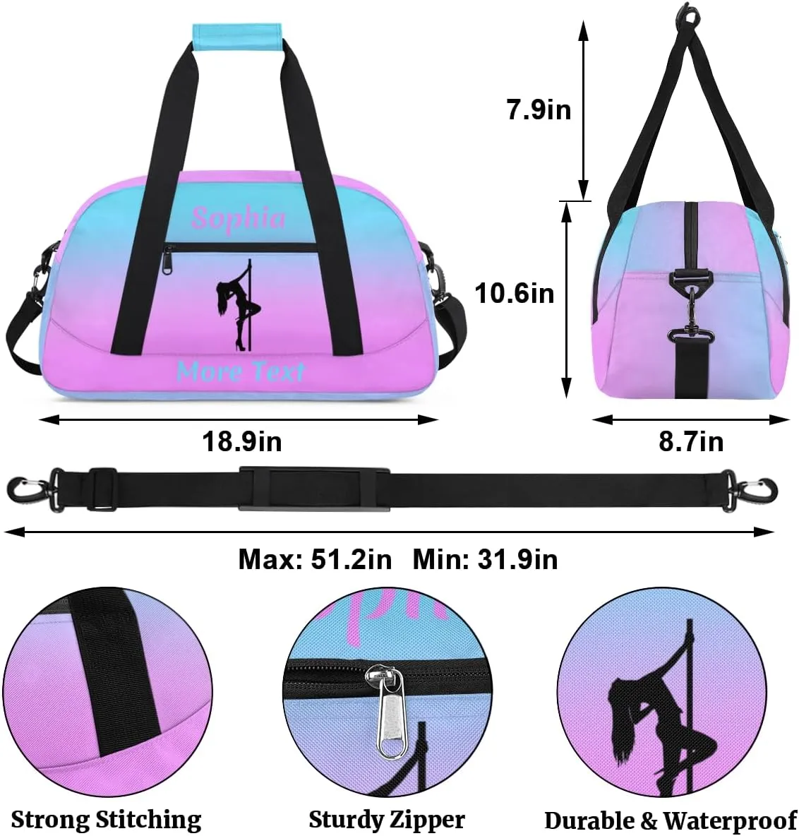 Personalized Kids Duffle Bag for Girls, Custom Sport Gym Bag with Name, Fit School Practice, or Overnight Weekender Travel Pink Pole Dance