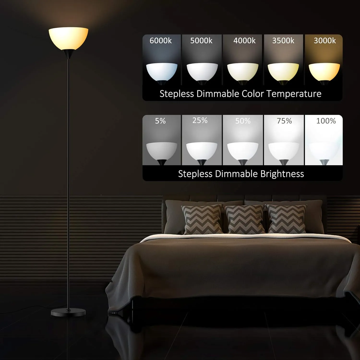 PESRAE Floor Lamp, Remote Control with Stpeless Color Temperatures and Brightness, Torchiere lamp for Bedroom, Living Room, Bulb Included (Matte Black)