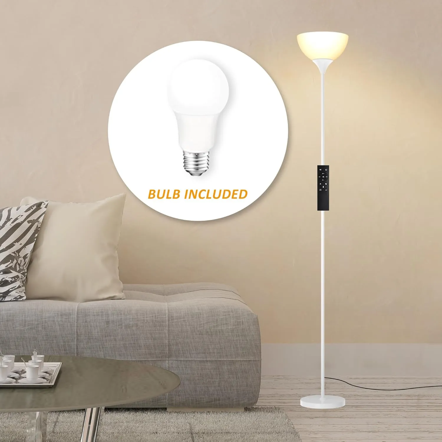 PESRAE Floor Lamp, Remote Control with Stpeless Color Temperatures and Brightness, Torchiere lamp for Bedroom, Living Room, Bulb Included