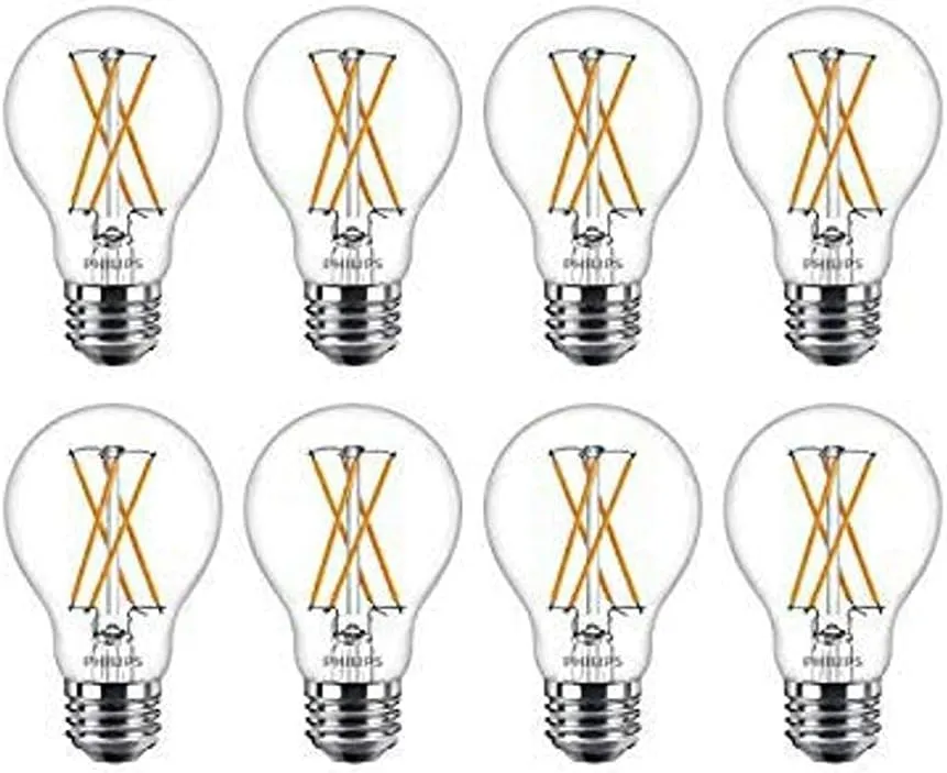 Philips LED Flicker-Free Dimmable Warm Glow Effect A19 Classic Glass Light Bulb, 800 Lumen, 2200-2700K, 8W=60W, E26 Base, Title 20 Certified, 8-Pack