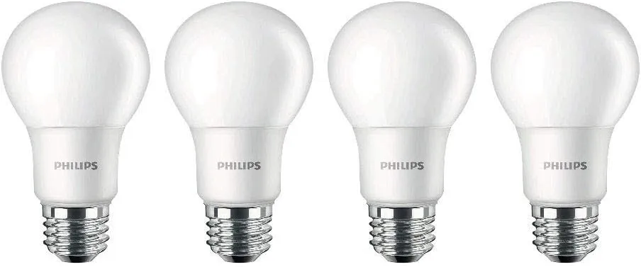 Philips LED Non-Dimmable A19 Frosted Light Bulb: 800-Lumen, 5000-Kelvin, 9-Watt (60-Watt Equivalent), E26 Base, Daylight, 4-Pack,455600