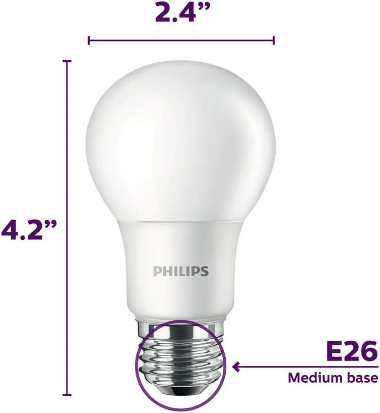 Philips LED Non-Dimmable A19 Frosted Light Bulb: 800-Lumen, 5000-Kelvin, 9-Watt (60-Watt Equivalent), E26 Base, Daylight, 4-Pack,455600