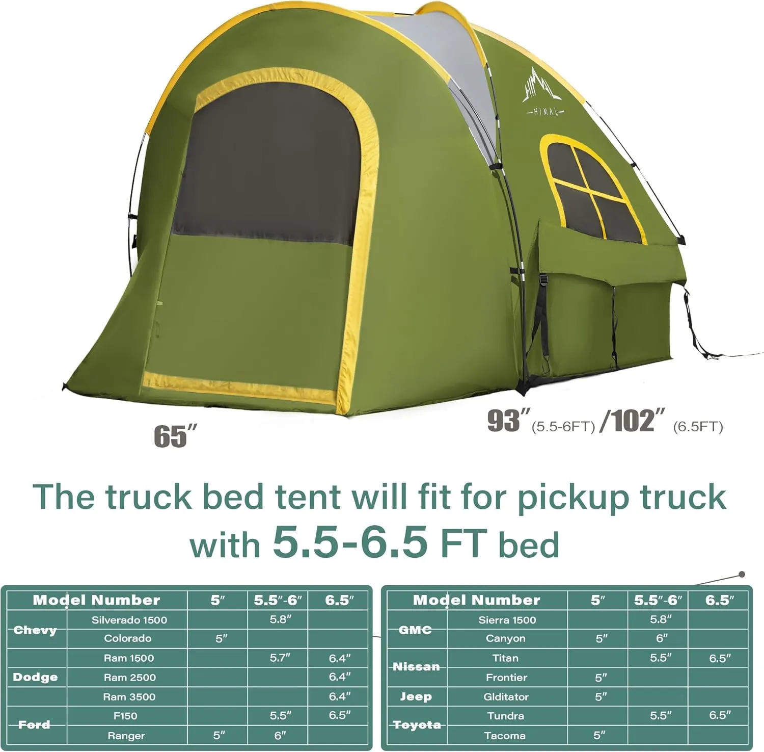 Pickup Truck Tent, Waterproof PU2000mm Double Layer for 5.5-6.0 FT Truck Bed, Portable Bed Tent for Camping, Green
