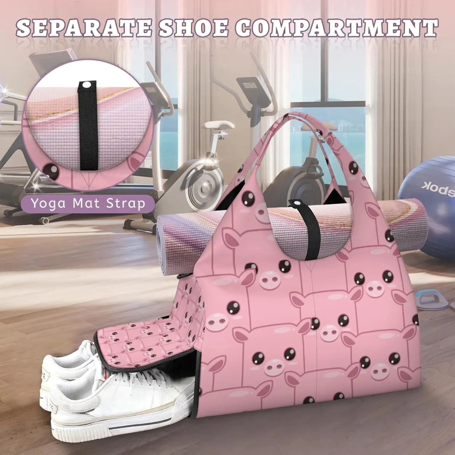Pig Pink Face Gym Bag Yoga Mat Tote for Women with Shoes Compartment Lightweight Duffle Travel Carrier Wet Dry Storage Pockets Adjustable Pilates Mats Shoulder Bags for Sport Swim