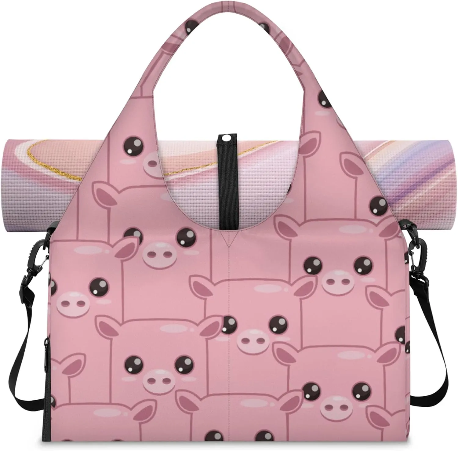 Pig Pink Face Gym Bag Yoga Mat Tote for Women with Shoes Compartment Lightweight Duffle Travel Carrier Wet Dry Storage Pockets Adjustable Pilates Mats Shoulder Bags for Sport Swim