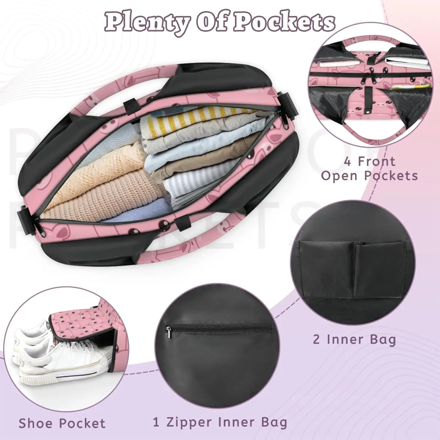 Pig Pink Face Gym Bag Yoga Mat Tote for Women with Shoes Compartment Lightweight Duffle Travel Carrier Wet Dry Storage Pockets Adjustable Pilates Mats Shoulder Bags for Sport Swim