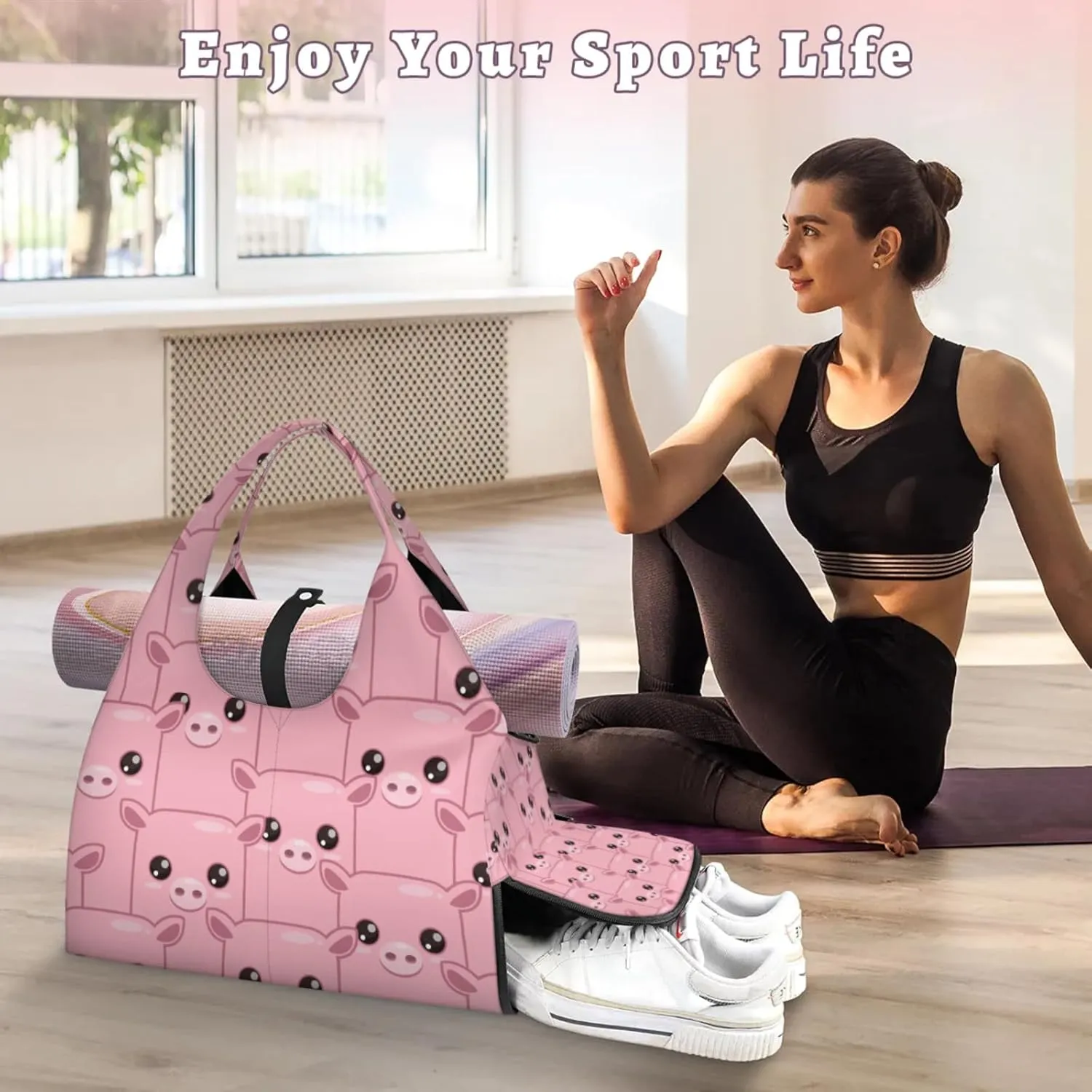 Pig Pink Face Gym Bag Yoga Mat Tote for Women with Shoes Compartment Lightweight Duffle Travel Carrier Wet Dry Storage Pockets Adjustable Pilates Mats Shoulder Bags for Sport Swim