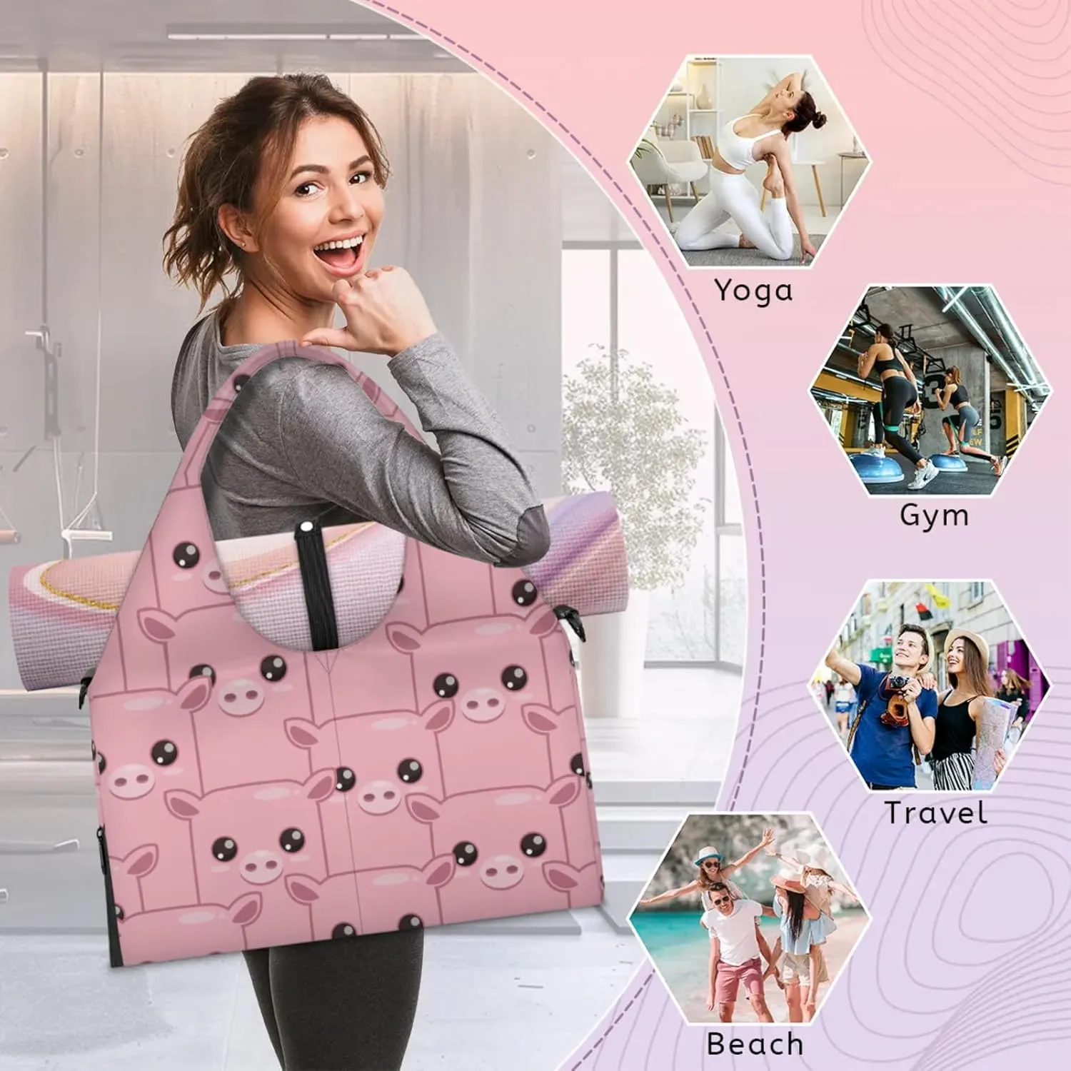 Pig Pink Face Gym Bag Yoga Mat Tote for Women with Shoes Compartment Lightweight Duffle Travel Carrier Wet Dry Storage Pockets Adjustable Pilates Mats Shoulder Bags for Sport Swim
