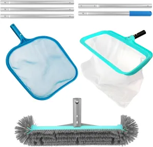 Pool Cleaning Kit - Includes Shallow Net Skimmer, Deep Net Skimmer, Detachable Pool Brush & 6-Ft Adjustable Aluminum Pole - Perfect for Above Ground Pools