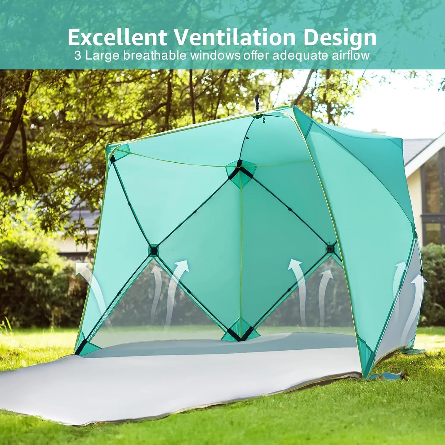 Pop Up Beach Tent, Portable Shade Sun Shelter UPF50  UV Protection for 4 Person Extendable Floor for Fishing Hiking Camping, Waterproof Windproof（Mint Green