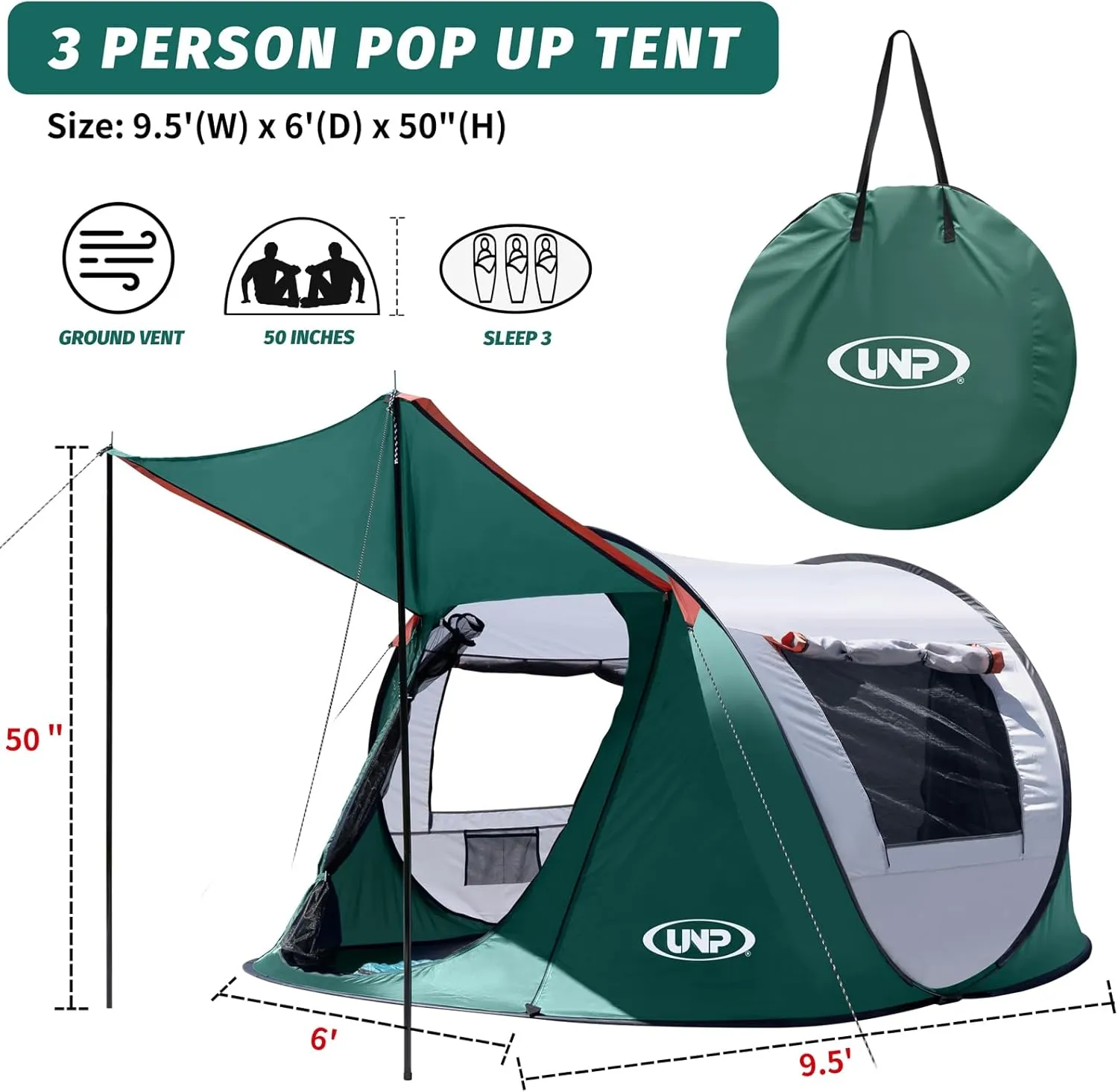 Pop-up Tent, 3 Person Camping Tent, Instant Portable Beach Tent, Easy Pop Up Shade Tents 2 Doors for Camping Hiking & Traveling with Carrying Bag