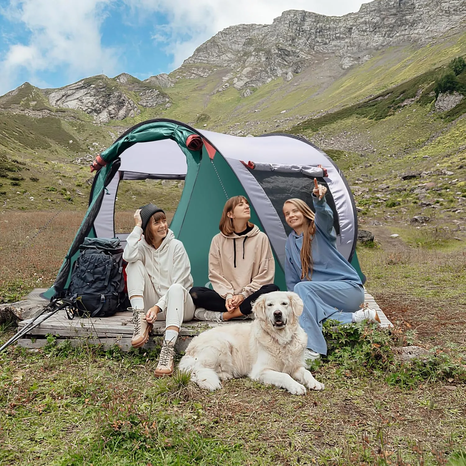 Pop-up Tent, 3 Person Camping Tent, Instant Portable Beach Tent, Easy Pop Up Shade Tents 2 Doors for Camping Hiking & Traveling with Carrying Bag