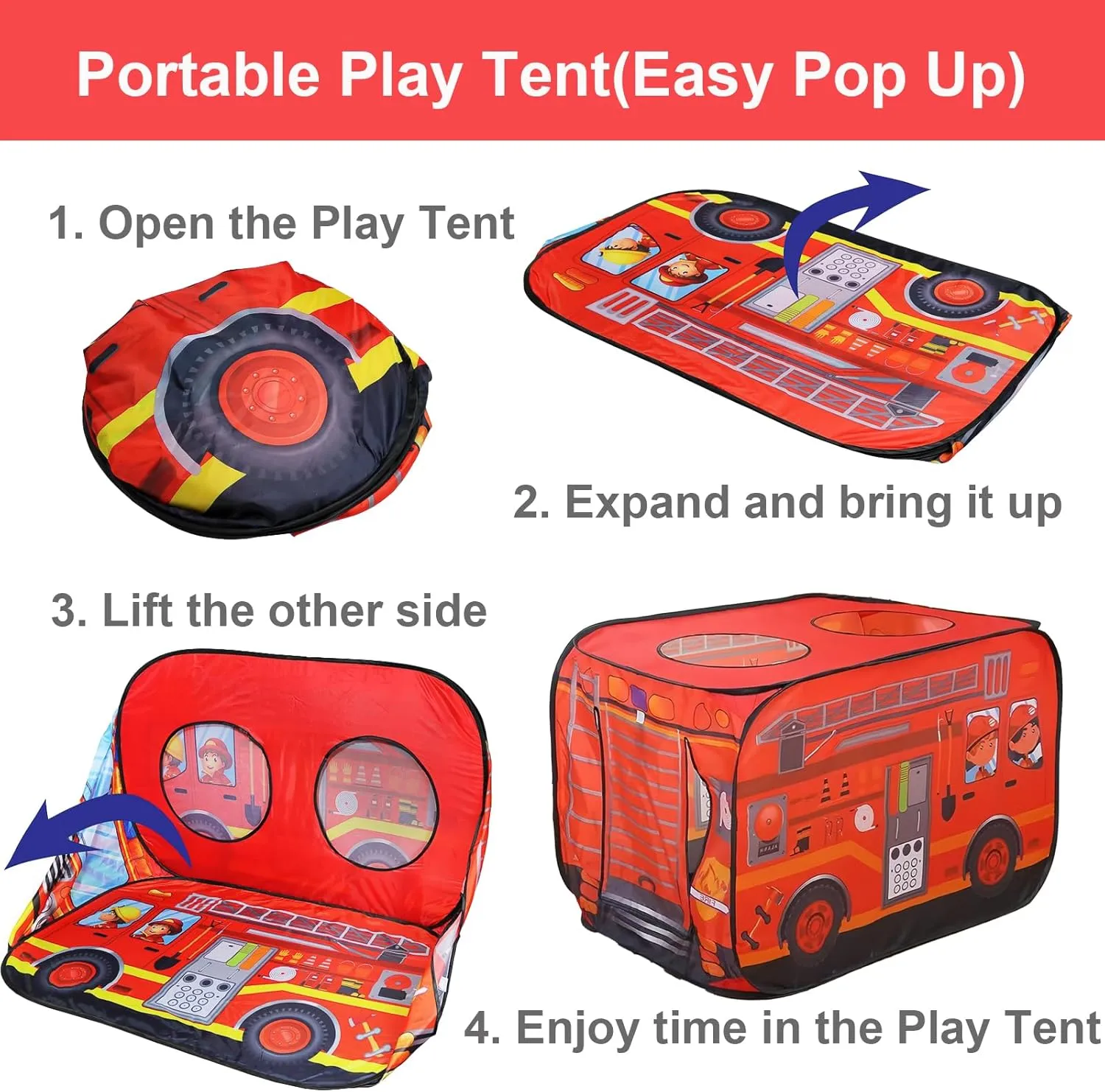 Pop Up Tents for Kids, Indoor Playhouse for Toddler with Golf, Dart, Basketball Hoop and Firefighting Playset, Camping Tent for Toddlers 1-3, Flat-Folding Fire Truck Play Tent