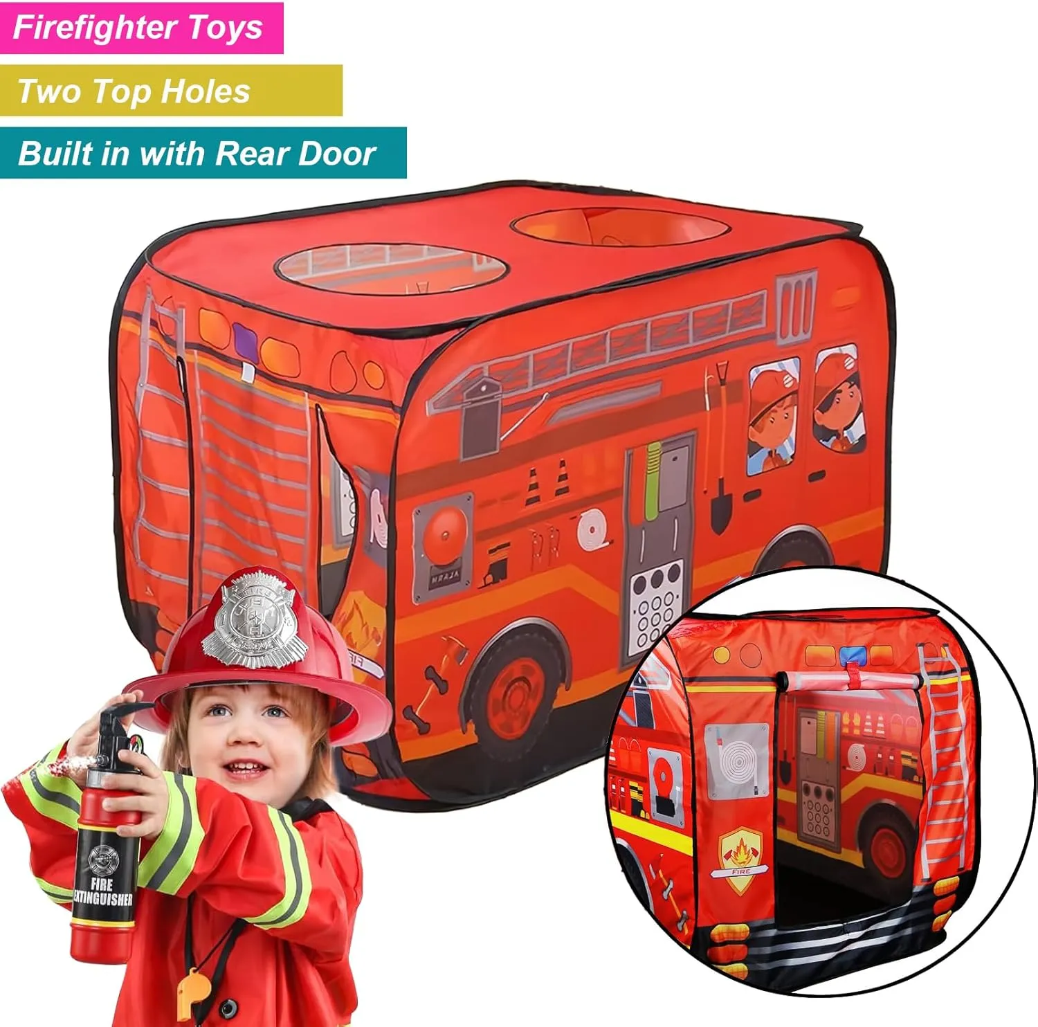 Pop Up Tents for Kids, Indoor Playhouse for Toddler with Golf, Dart, Basketball Hoop and Firefighting Playset, Camping Tent for Toddlers 1-3, Flat-Folding Fire Truck Play Tent