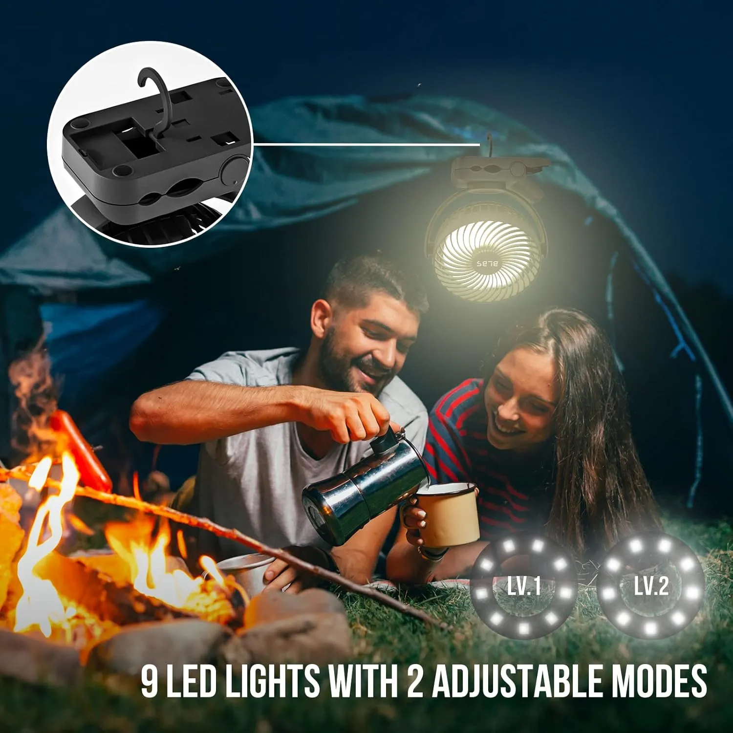 Portable Fan - 65H 12000mAh Tent Fans for Camping - Camping Fan Rechargeable with Output Ports, Battery Powered Fan with Hanging Hook, Camping Fans for Tents, Rechargable Fan for Camping-Black
