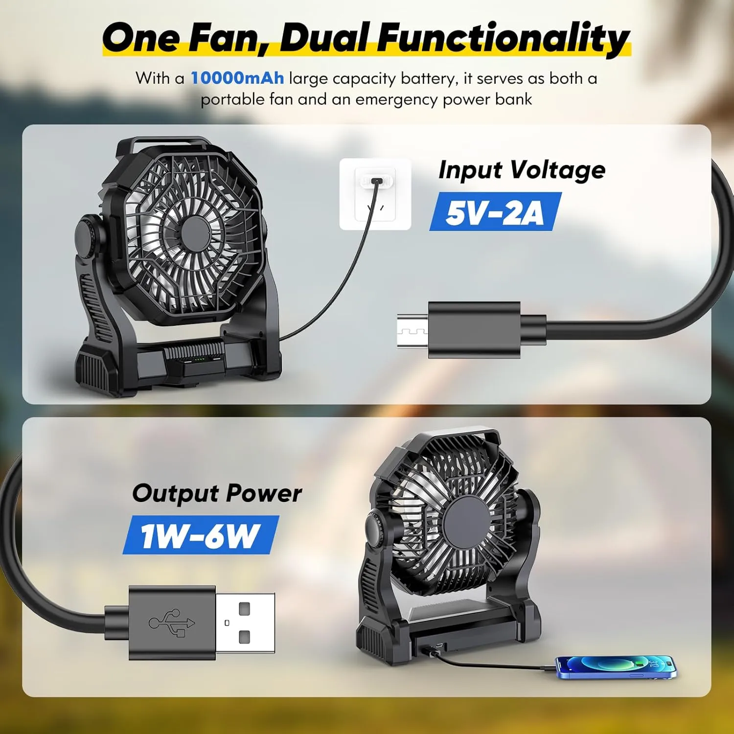 Portable Fan Rechargeable, Real 10000mAh Battery Powered Fan with LED Light and Hook, Battery Operated Camping Fans for Tent 10-Inch, USB Outdoor Fans for Travel, Fishing, Picnic, Beach, Black
