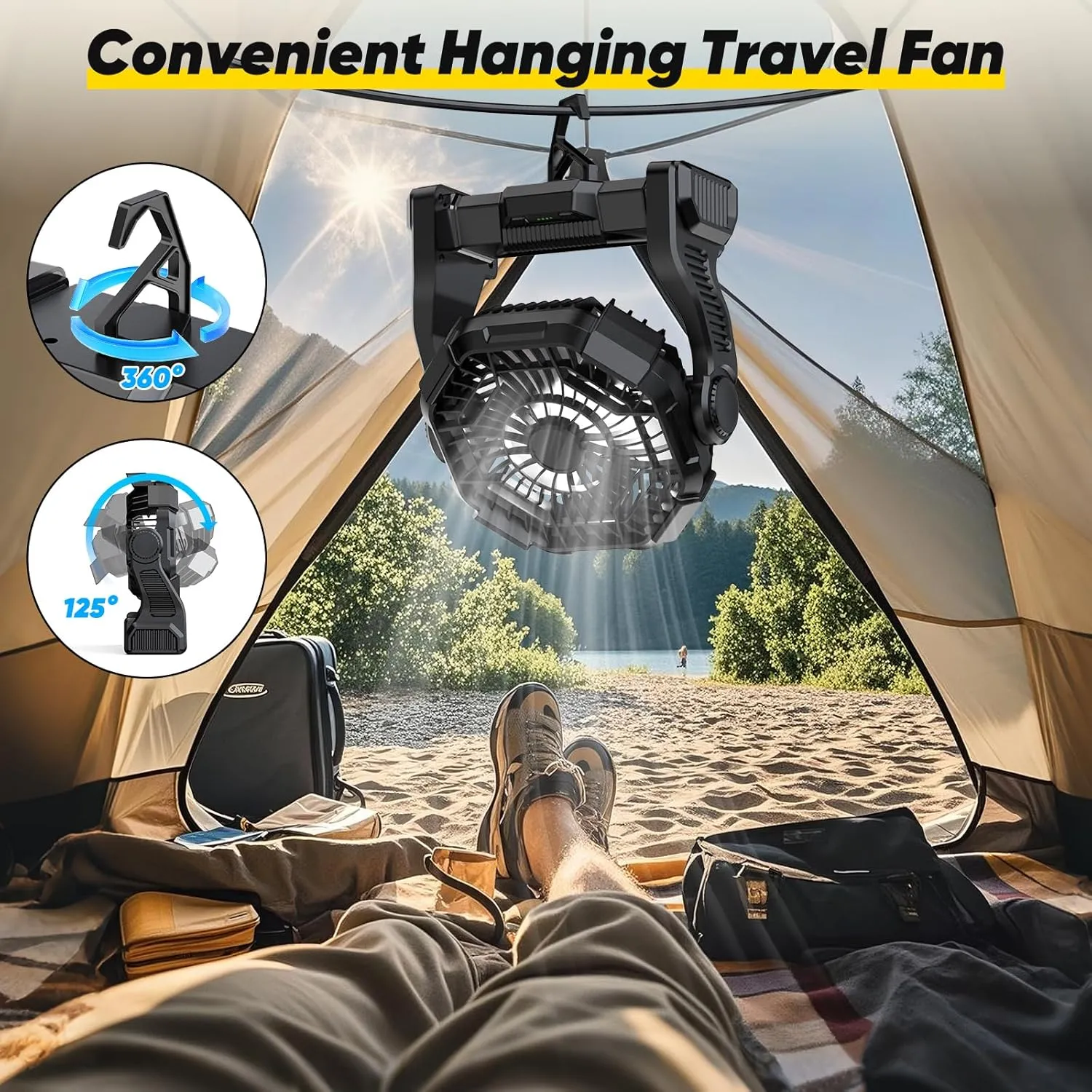 Portable Fan Rechargeable, Real 10000mAh Battery Powered Fan with LED Light and Hook, Battery Operated Camping Fans for Tent 10-Inch, USB Outdoor Fans for Travel, Fishing, Picnic, Beach, Black