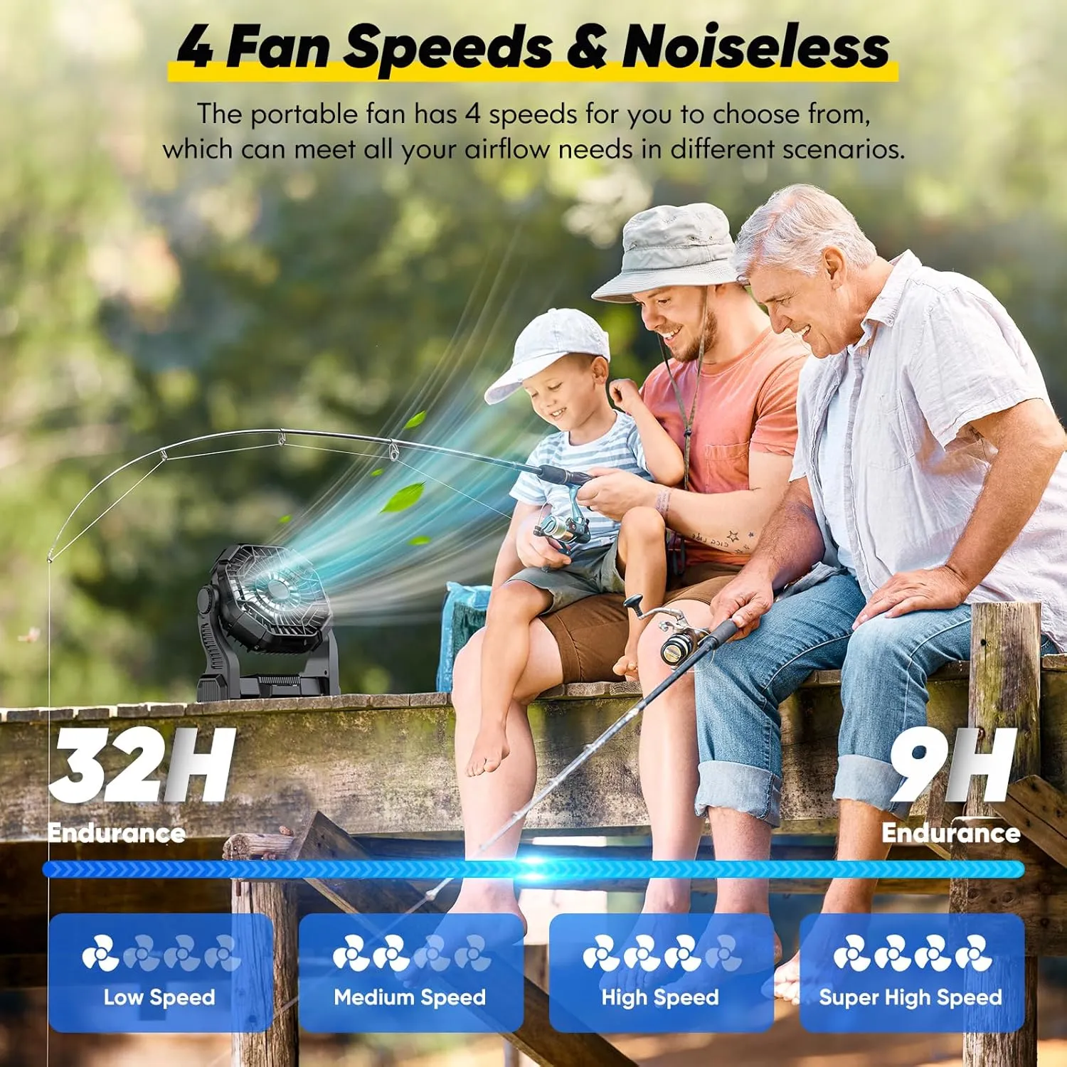 Portable Fan Rechargeable, Real 10000mAh Battery Powered Fan with LED Light and Hook, Battery Operated Camping Fans for Tent 10-Inch, USB Outdoor Fans for Travel, Fishing, Picnic, Beach, Black