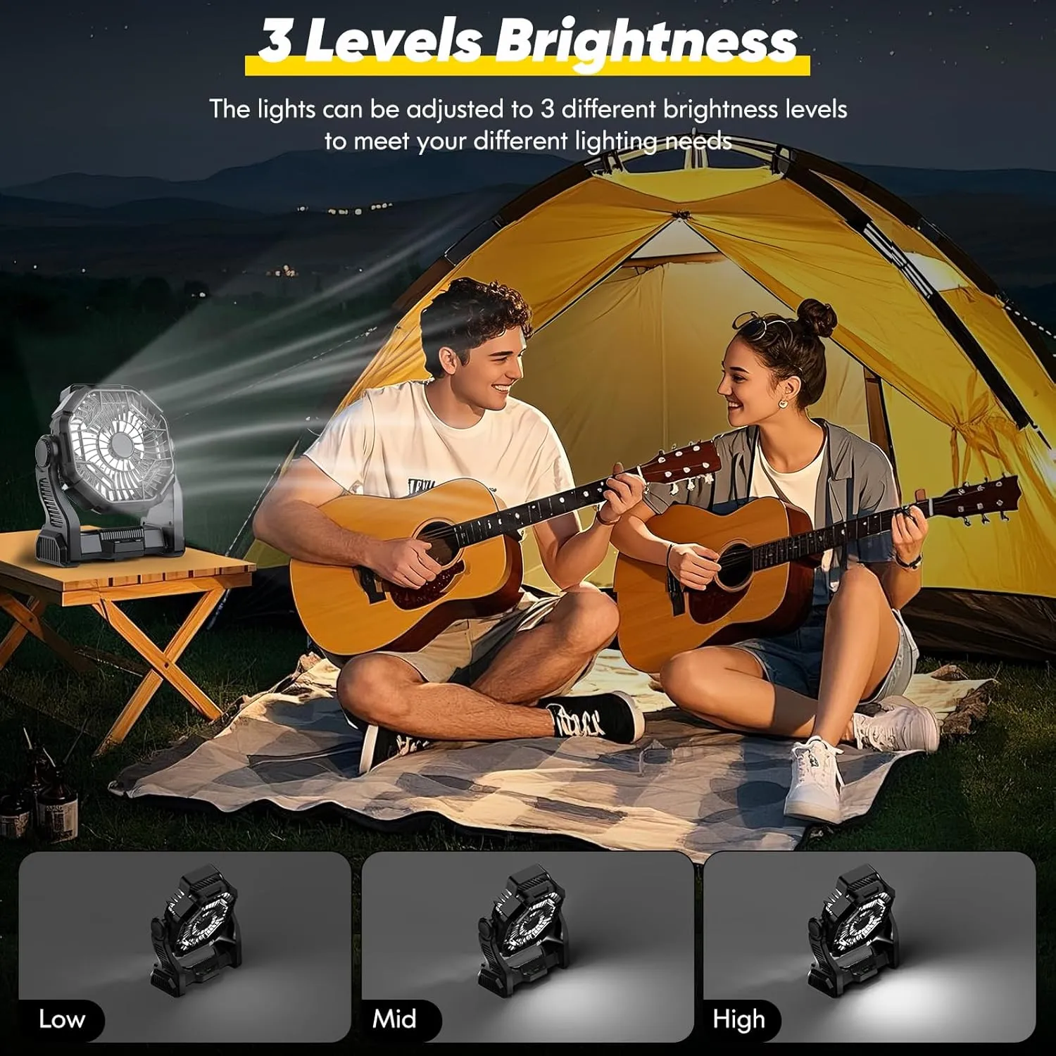 Portable Fan Rechargeable, Real 10000mAh Battery Powered Fan with LED Light and Hook, Battery Operated Camping Fans for Tent 10-Inch, USB Outdoor Fans for Travel, Fishing, Picnic, Beach, Black