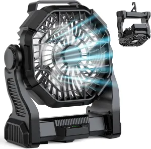 Portable Fan Rechargeable, Real 10000mAh Battery Powered Fan with LED Light and Hook, Battery Operated Camping Fans for Tent 10-Inch, USB Outdoor Fans for Travel, Fishing, Picnic, Beach, Black