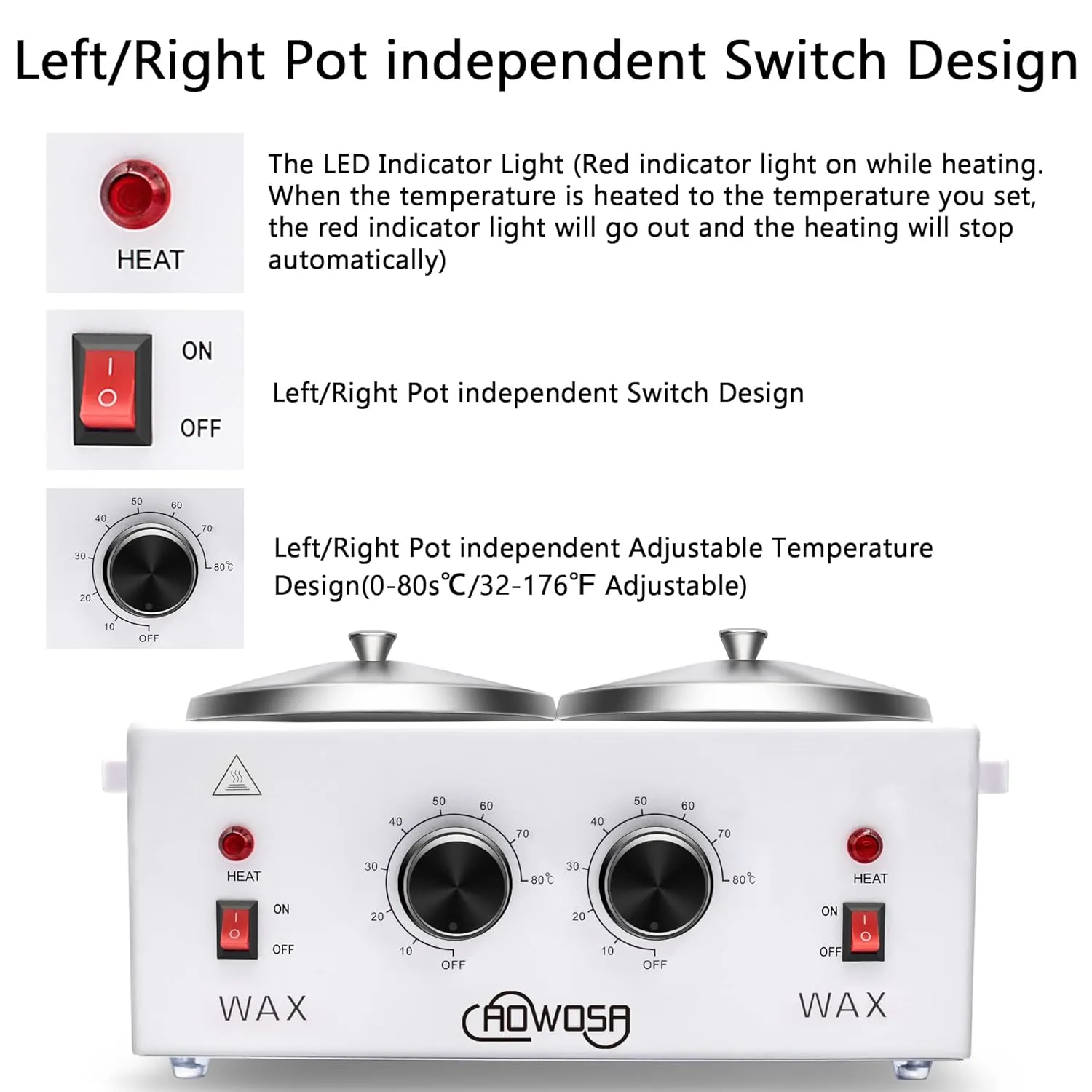 Professional Waxing Kit Wax Warmer Double Pot Wax Heater Machine for Hair Removal, Large Wax Pot for Spa Salon Beauty Esthetician Home, with Adjustable Temperature Set, 50 Wax Stick(White)