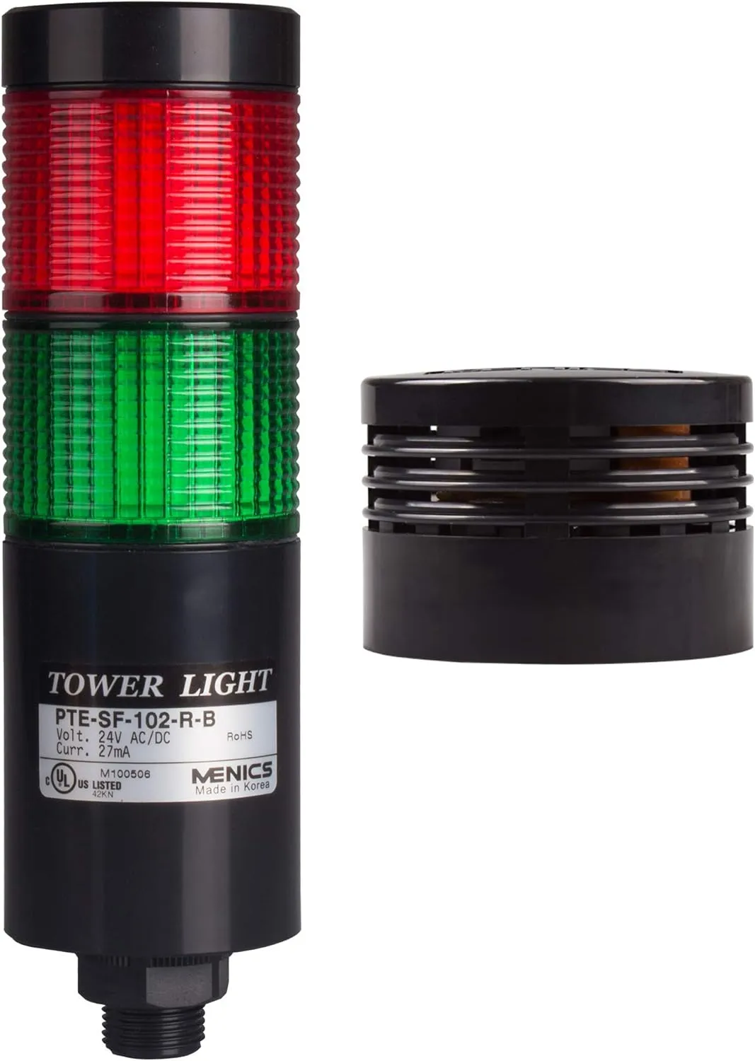 PTE-SCB-202-RG-B, Tower Light Kit, 56mm Modular LED, Red/Green Lens 2 Stacks, Steady, Direct Mounting, Black Body, 25" Lead Wires, 24 VAC/DC, Including 80dB Buzzer