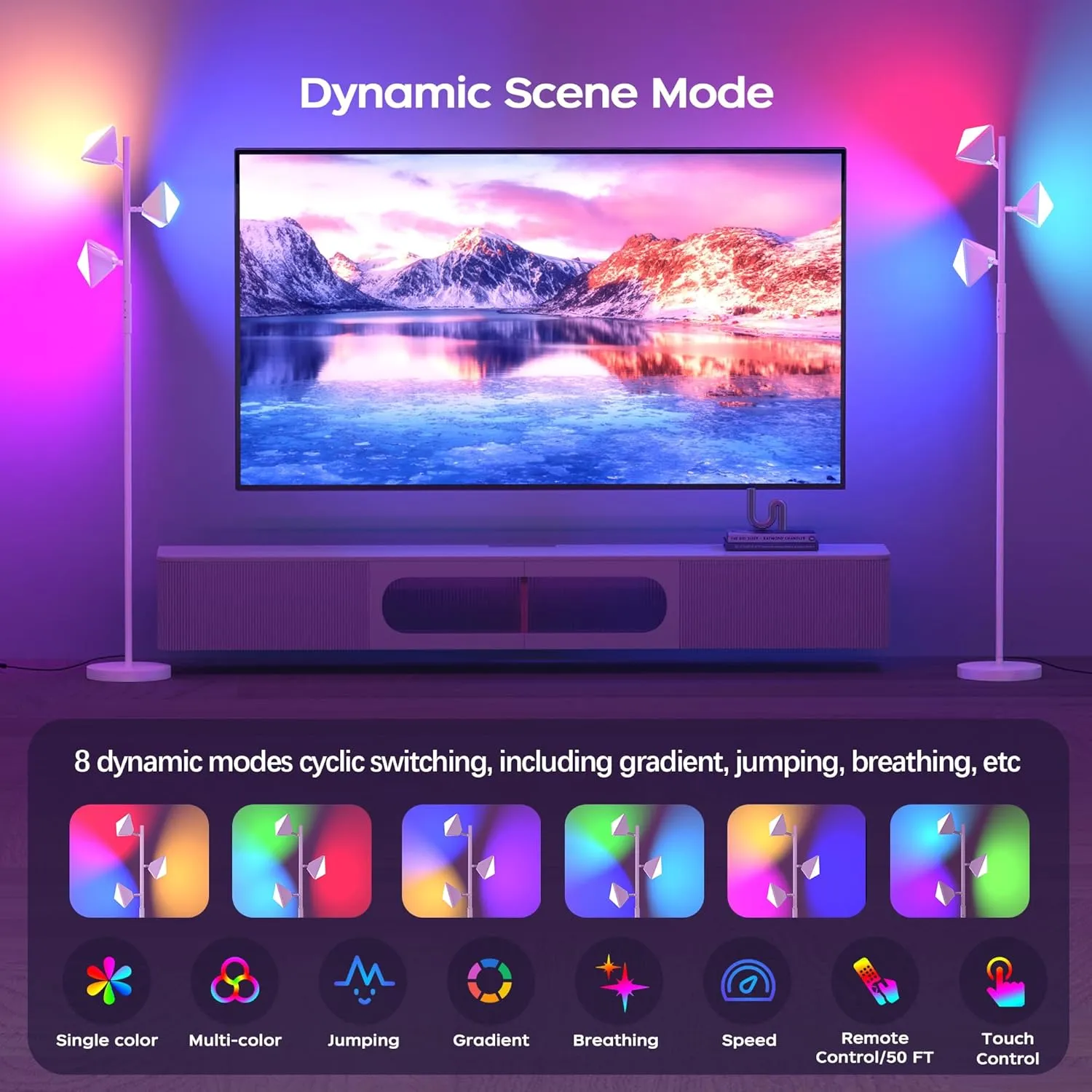 QiMH RGB Floor Lamp for Living Room, 36W LED Standing Lamp with 3 Lights, Dimmable Smart Lamp with Remote & Touch Control, Colors Changing& DIY Mode, Modern Tree Tall Lamp for Bedroom, White