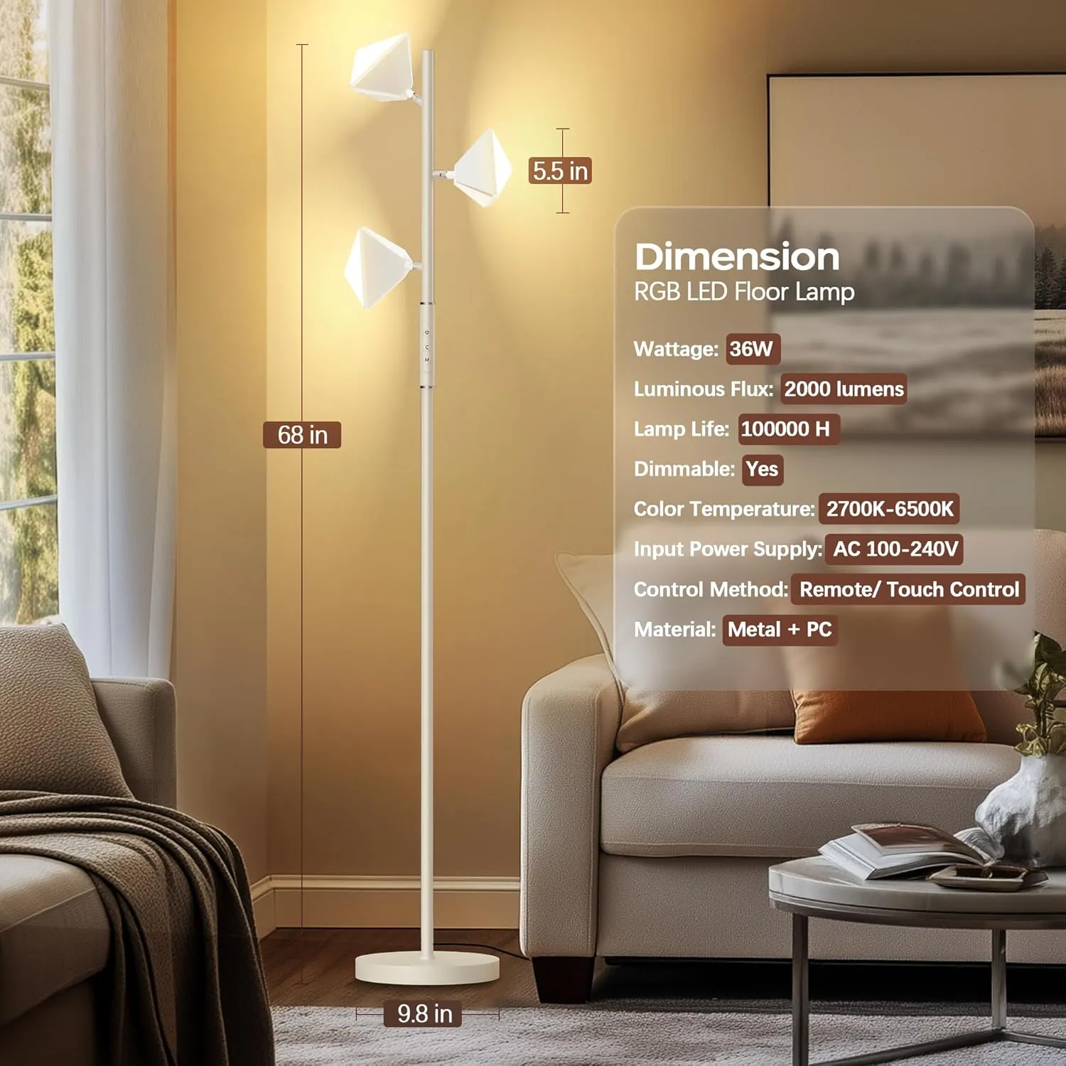 QiMH RGB Floor Lamp for Living Room, 36W LED Standing Lamp with 3 Lights, Dimmable Smart Lamp with Remote & Touch Control, Colors Changing& DIY Mode, Modern Tree Tall Lamp for Bedroom, White