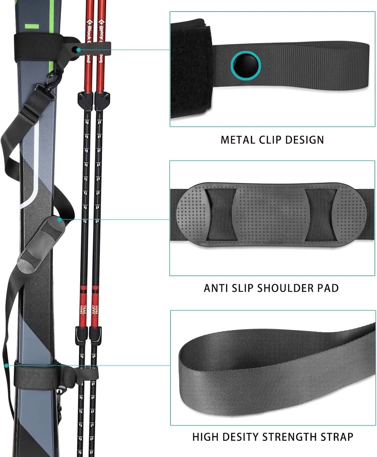 QOGIR Ski Strap and Pole Carrier: Adjustable Cushioned Shoulder Sling for Easy Transport, Ski Gear &Snowboard Carrying System