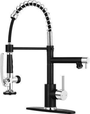Qomolangma Black Chrome Commerical Kitchen Faucet with Pull Down Sprayer, Single Handle Stainless Steel Kitchen Sink Faucet with 2 Spouts, with Lock, Matte Black