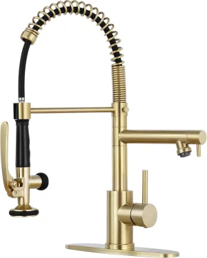 Qomolangma Brushed Gold Commerical Kitchen Faucet with Pull Down Sprayer, Single Handle Stainless Steel Kitchen Sink Faucet with 2 Spouts, with Lock