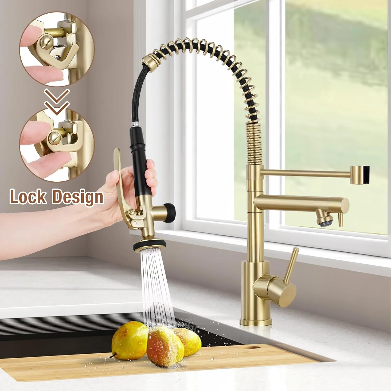 Qomolangma Brushed Gold Commerical Kitchen Faucet with Pull Down Sprayer, Single Handle Stainless Steel Kitchen Sink Faucet with 2 Spouts, with Lock