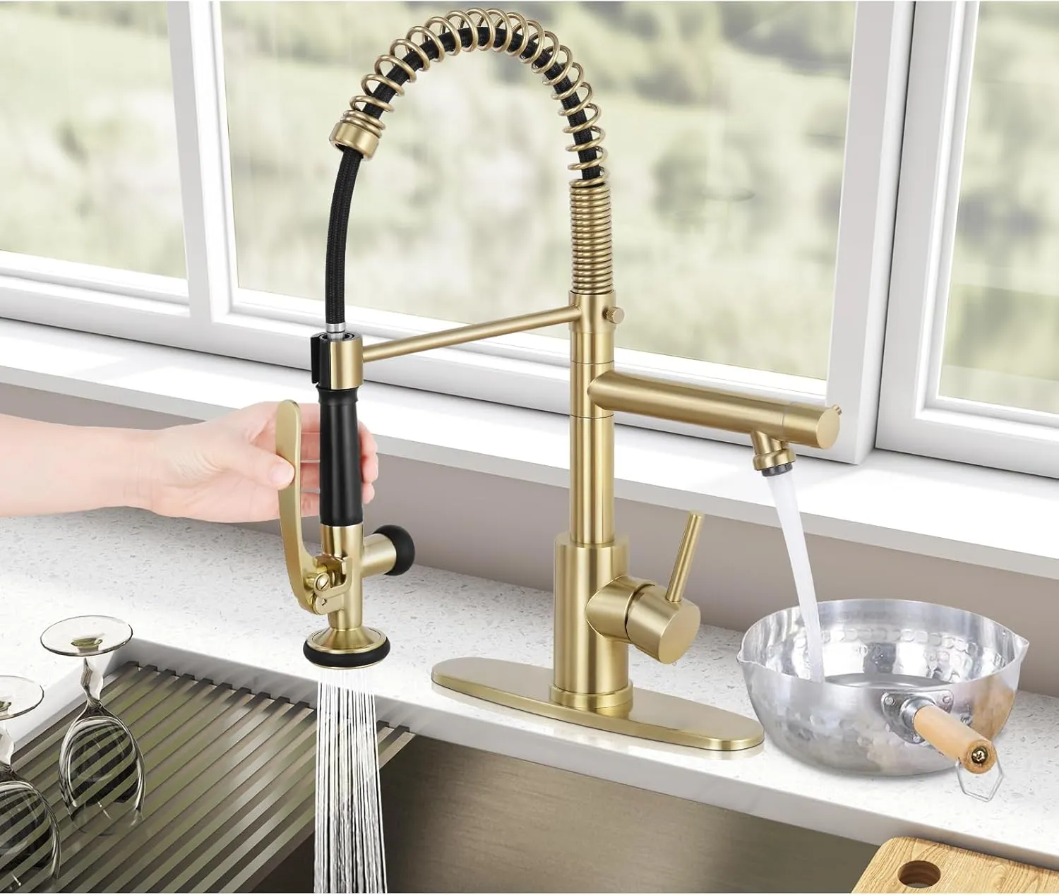 Qomolangma Brushed Gold Commerical Kitchen Faucet with Pull Down Sprayer, Single Handle Stainless Steel Kitchen Sink Faucet with 2 Spouts, with Lock