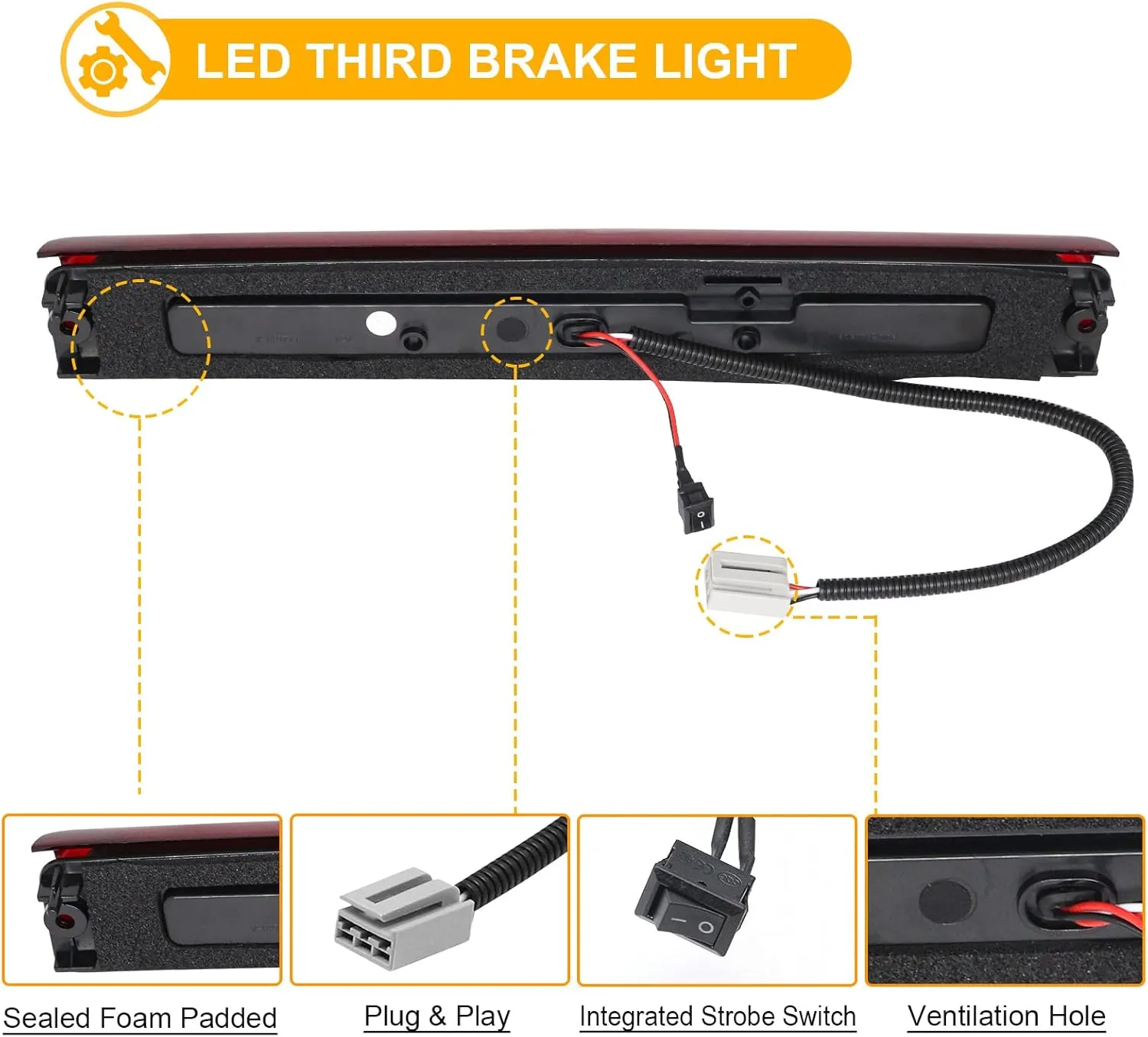 R&F Auto F1 Style Strobe LED Third Brake Light Replacement for F150 (1997-2003), F150 Heritage (2004) Roof Cargo Lights High Mount Stop Lamp with Seal Foam Gaskets (Red Clear Lens)