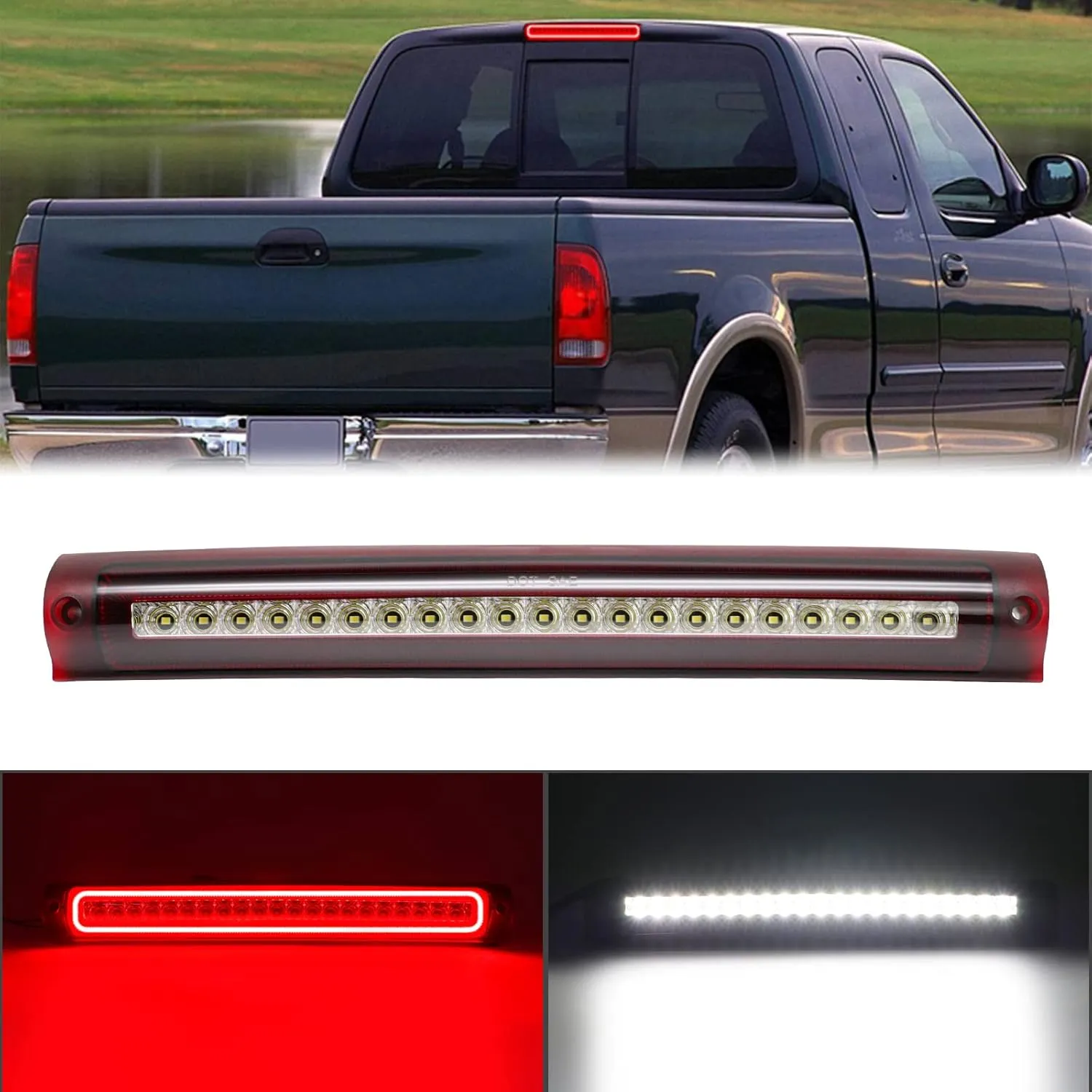 R&F Auto F1 Style Strobe LED Third Brake Light Replacement for F150 (1997-2003), F150 Heritage (2004) Roof Cargo Lights High Mount Stop Lamp with Seal Foam Gaskets (Red Clear Lens)