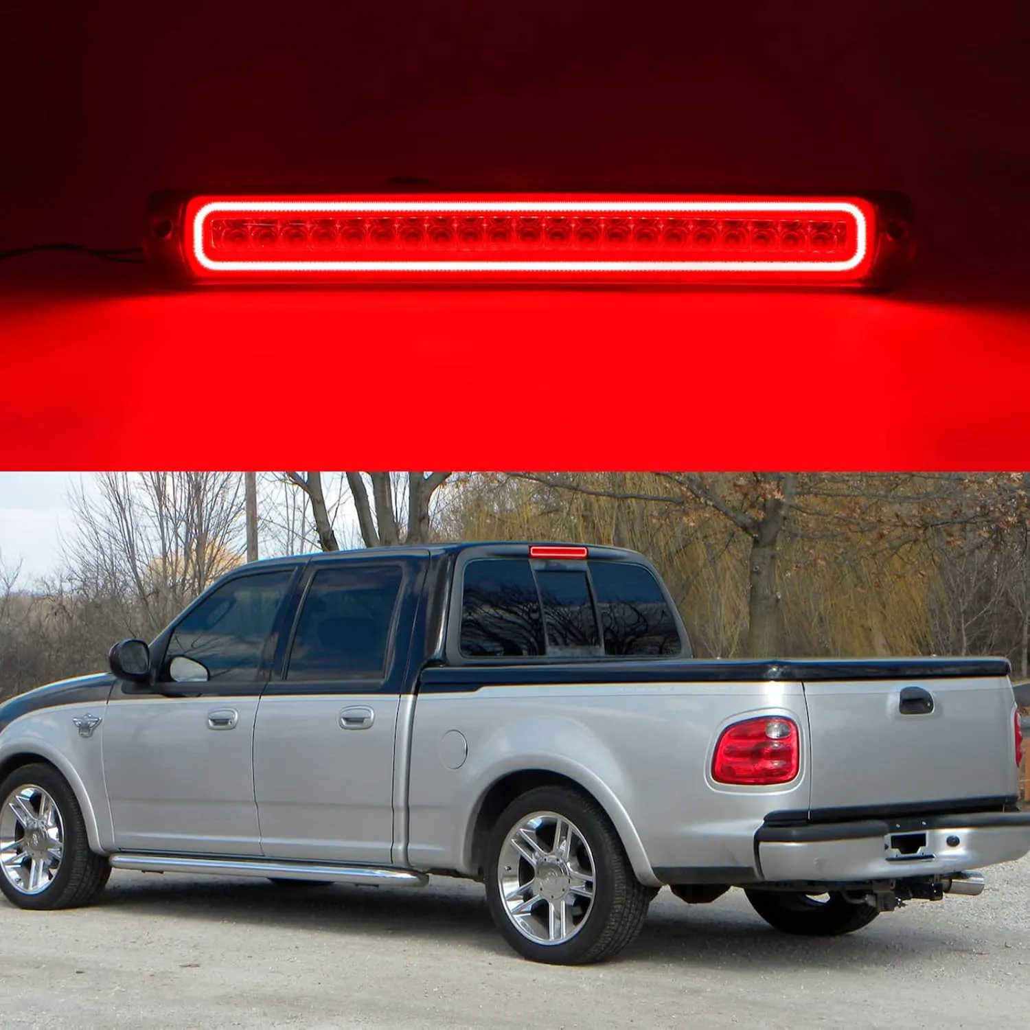 R&F Auto F1 Style Strobe LED Third Brake Light Replacement for F150 (1997-2003), F150 Heritage (2004) Roof Cargo Lights High Mount Stop Lamp with Seal Foam Gaskets (Red Clear Lens)