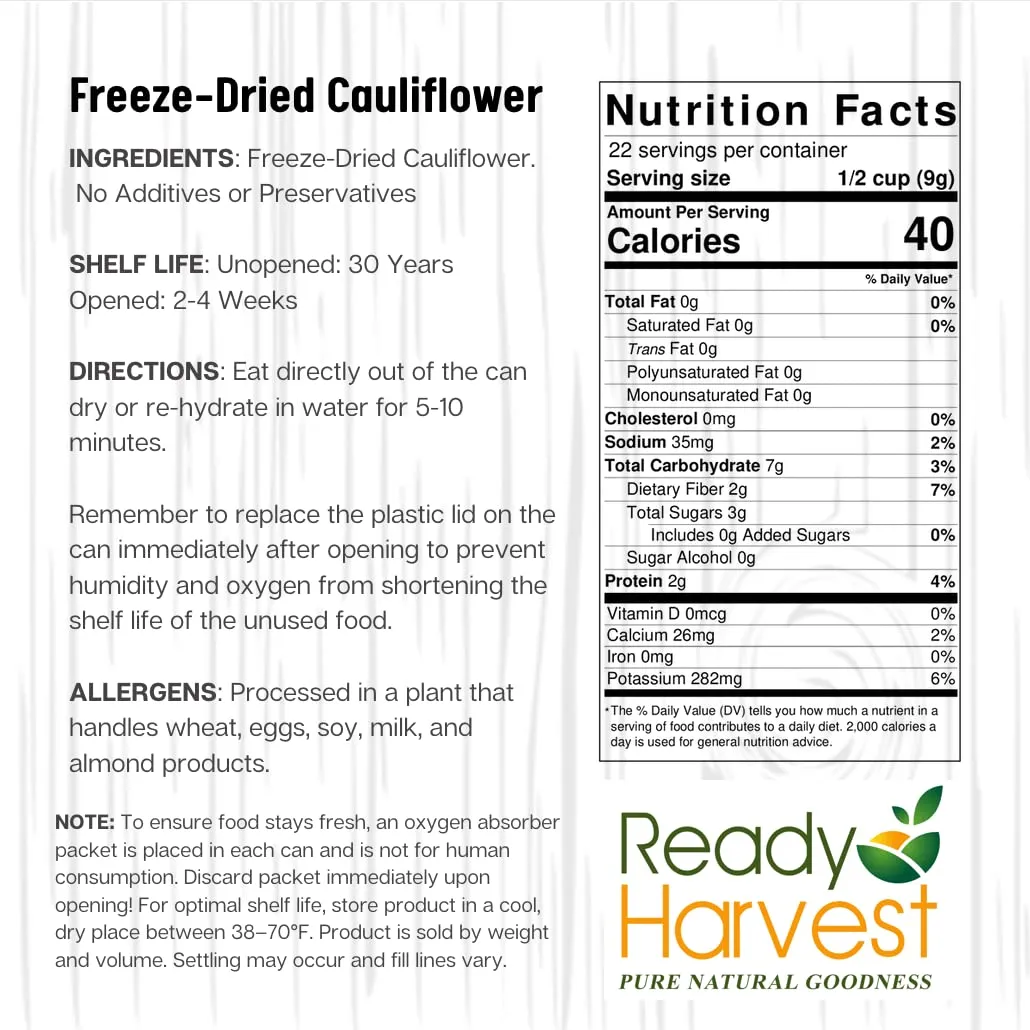 Ready Harvest Freeze-Dried Whole Foods for Emergency Food Storage, Camping Supplies, and Survival Kits | Sealed Fresh in #10 Can | 25-Year Shelf Life | 6 Cans | Cauliflower