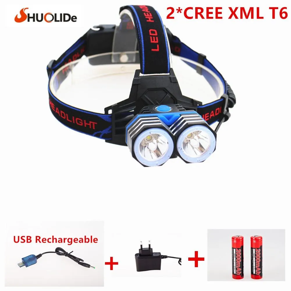 Rechargeable CREE xmlT6 led Headlamp headlight Light lighting lantern lamp  2*18650 battery 1*AC/charger 1*USB charger