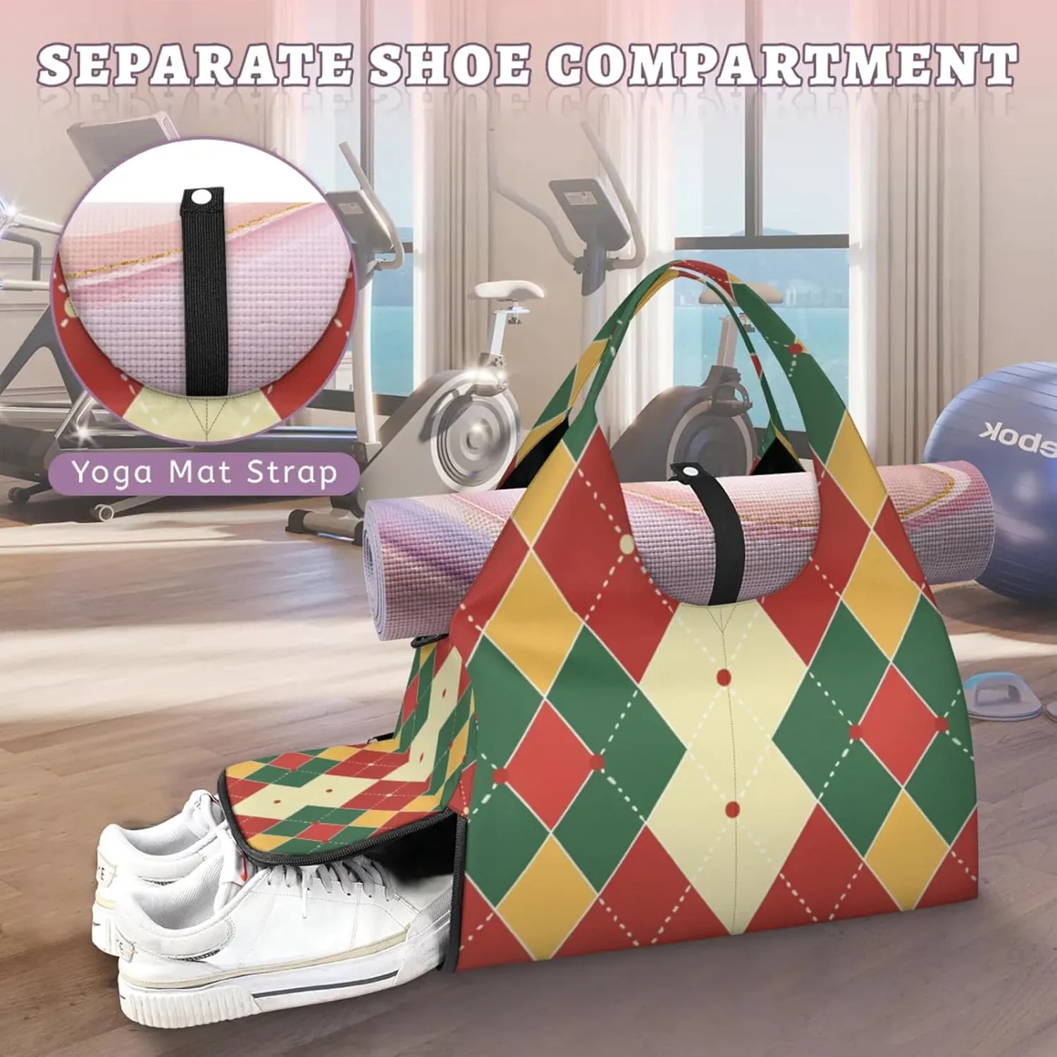 Red Green Theme Decorative Gym Bag Yoga Mat Tote for Women with Shoes Compartment Lightweight Duffle Travel Carrier Wet Dry Storage Pockets Adjustable Pilates Mats Shoulder Bags for Sport Swim