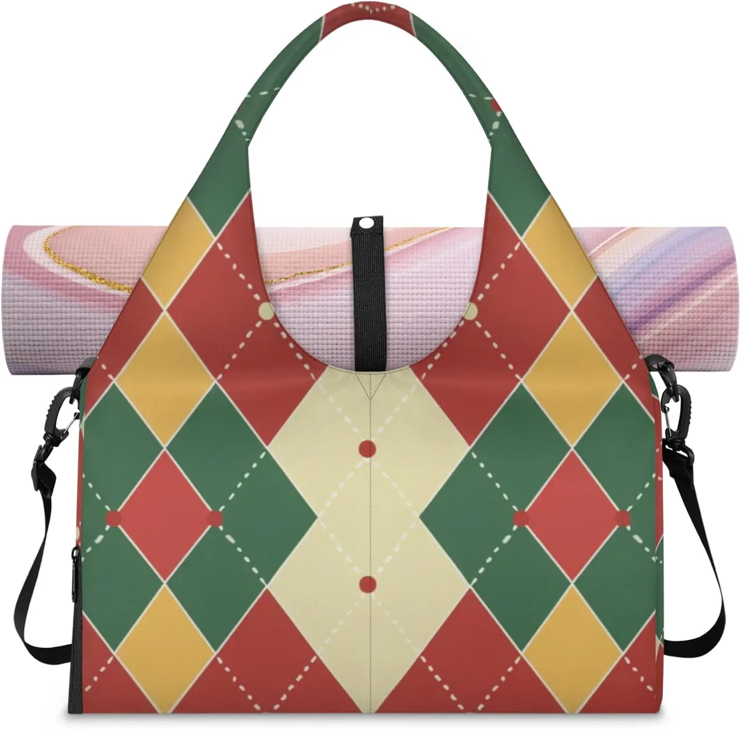 Red Green Theme Decorative Gym Bag Yoga Mat Tote for Women with Shoes Compartment Lightweight Duffle Travel Carrier Wet Dry Storage Pockets Adjustable Pilates Mats Shoulder Bags for Sport Swim