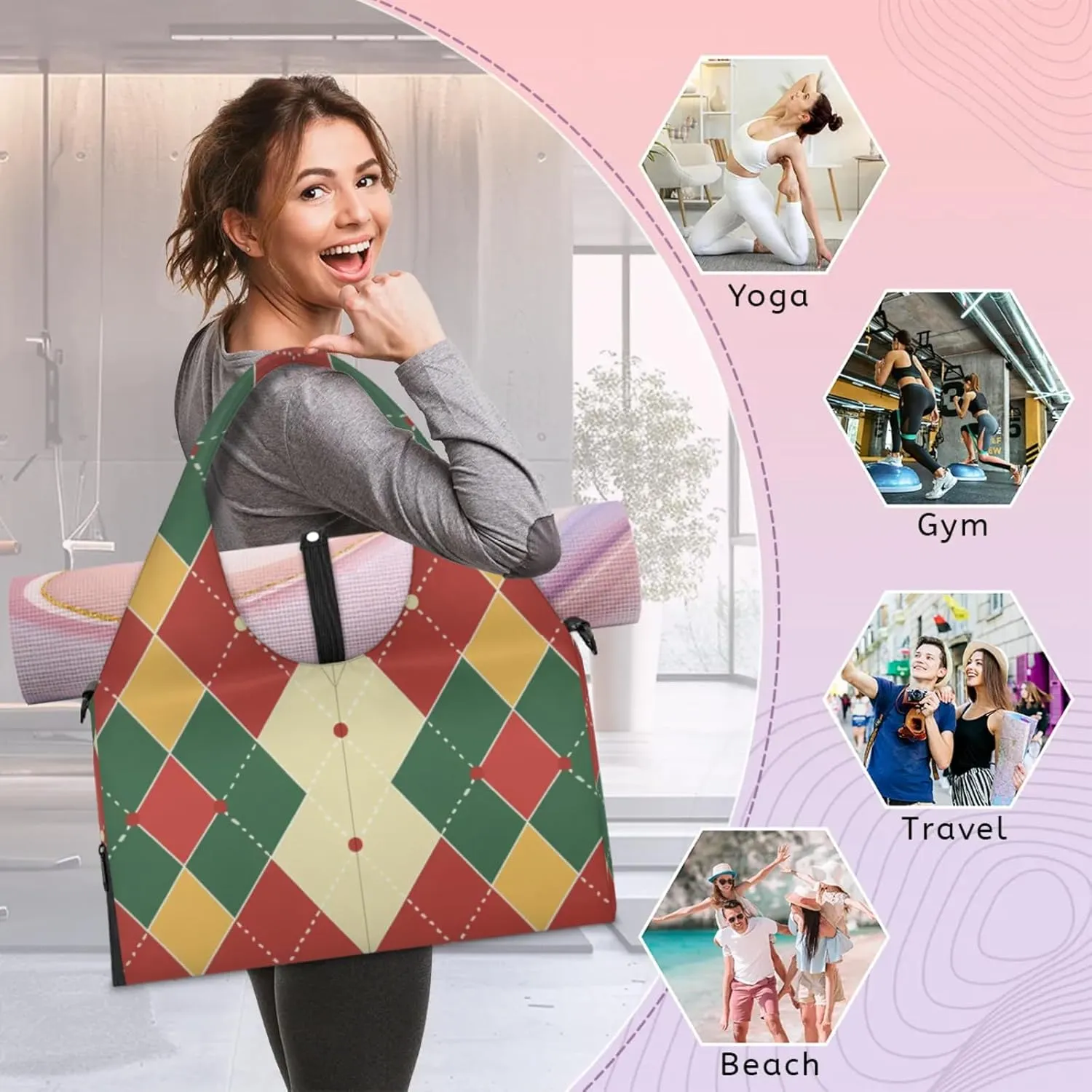 Red Green Theme Decorative Gym Bag Yoga Mat Tote for Women with Shoes Compartment Lightweight Duffle Travel Carrier Wet Dry Storage Pockets Adjustable Pilates Mats Shoulder Bags for Sport Swim