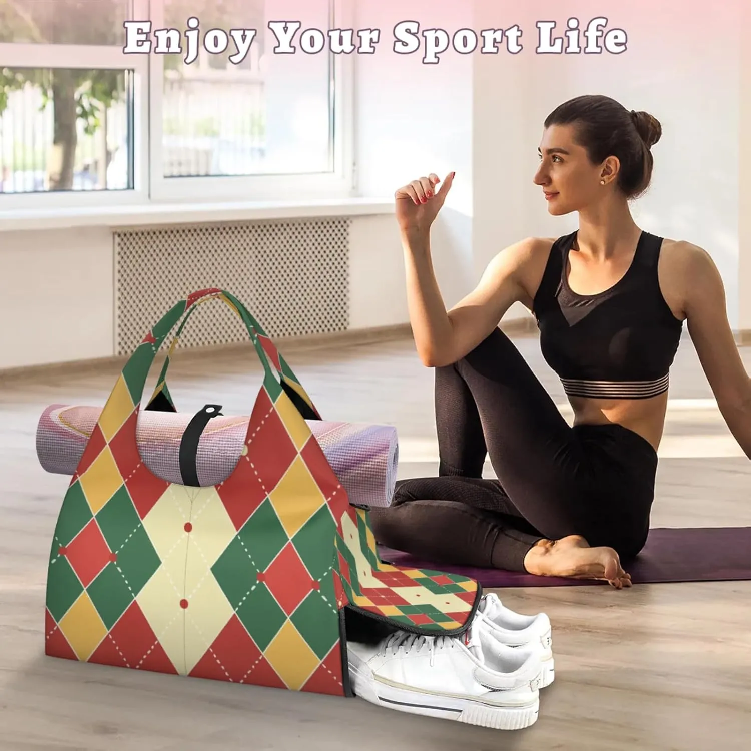 Red Green Theme Decorative Gym Bag Yoga Mat Tote for Women with Shoes Compartment Lightweight Duffle Travel Carrier Wet Dry Storage Pockets Adjustable Pilates Mats Shoulder Bags for Sport Swim