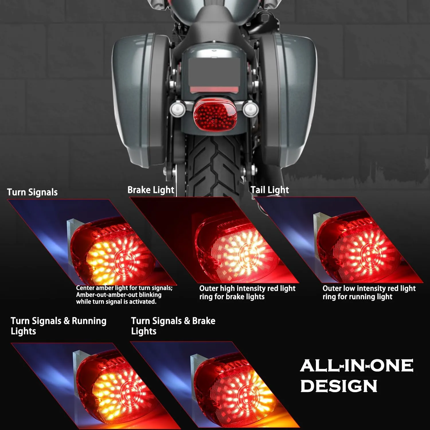 Red Motorcycle LED Tail Lights Lay Back Brake Taillights Integrated Turn Signals Tail Lamp for Harley Dyna Low Rider S Sportster Road King Fatboy XL1200 Low 1200R FXDLI
