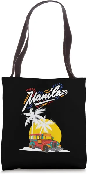 Retro Sunset Palm Trees Tropical Philippines Manila Jeepney Tote Bag