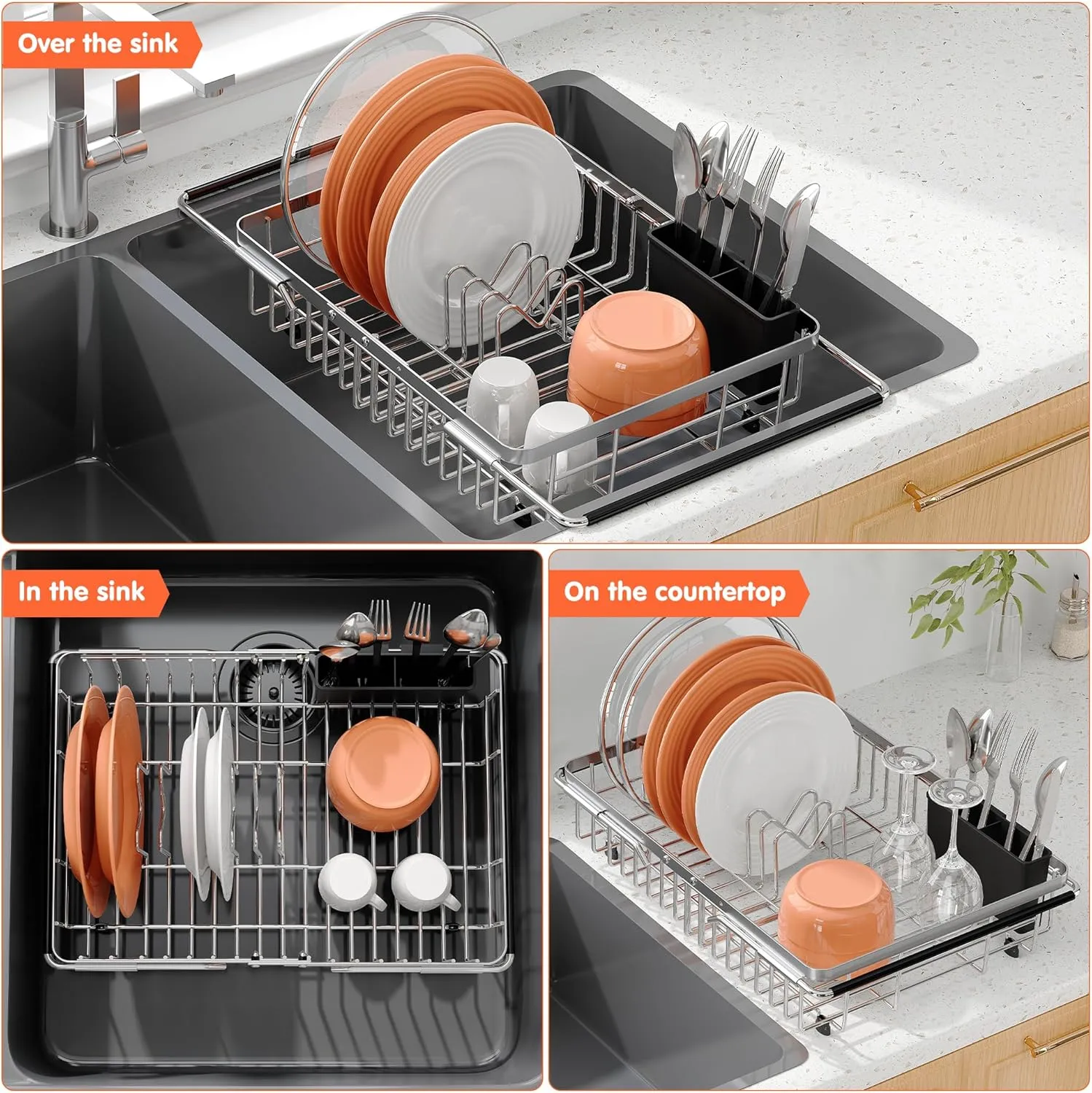 romision Dish Drying Rack in Sink, Expandable Stainless Steel Dish drainers for Kitchen Sink, Dish Strainers for Inside Sink, Dish Racks with Utensil Holder, Silver